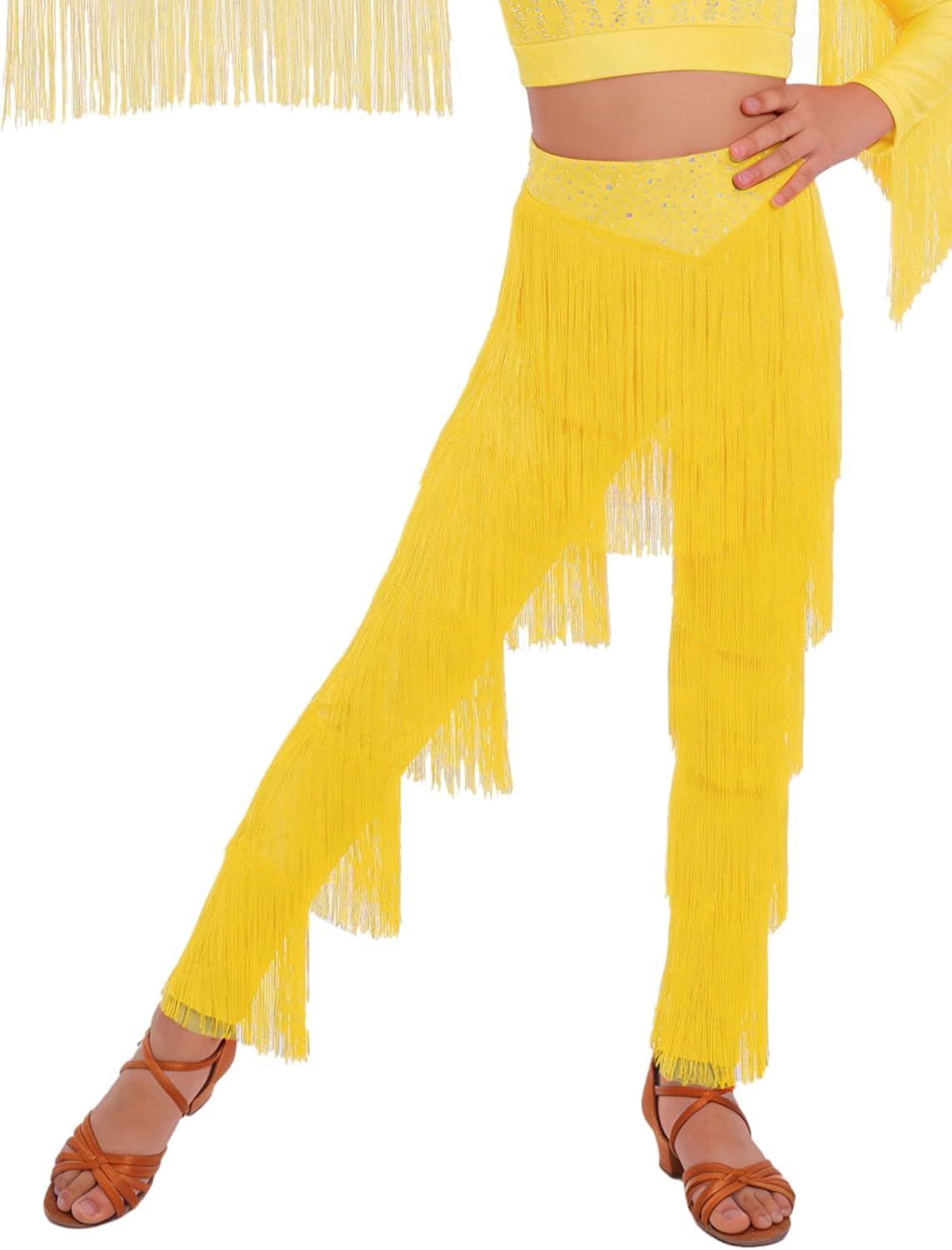 Kids Girls Fringe Dance Pants Tassel Latin Jazz Cha Cha Dance Elastic Waist Practice Training Trousers