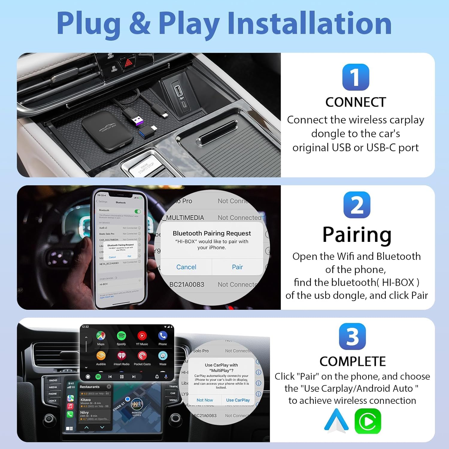 Gllai Adaptador Inalámbrico Carplay, Para IPhone Y Android, Conexión