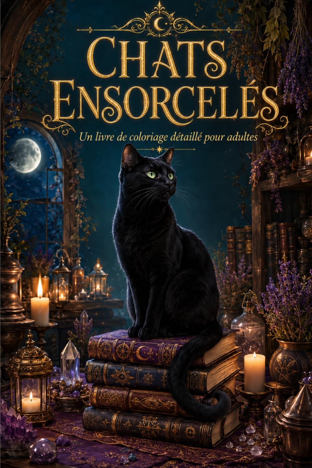 Chats Ensorcelés: Un livre de coloriage détaillé pour adultes — chats sorciers, grimoires, lunes et magie de cottage