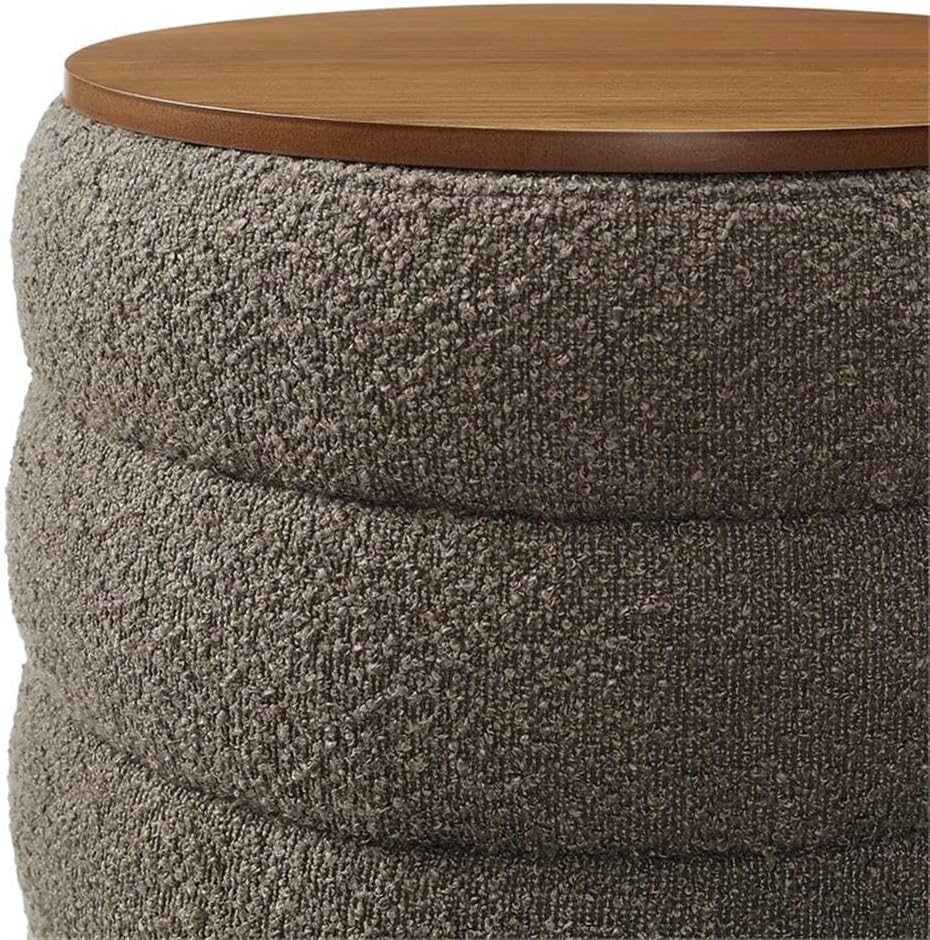 Modway Mezzo Round Boucle Fabric Storage Ottoman Stool in Pebble - Channel Tufted Ottoman - Upholstered Footrest - Versatile End or Side Table with Storage