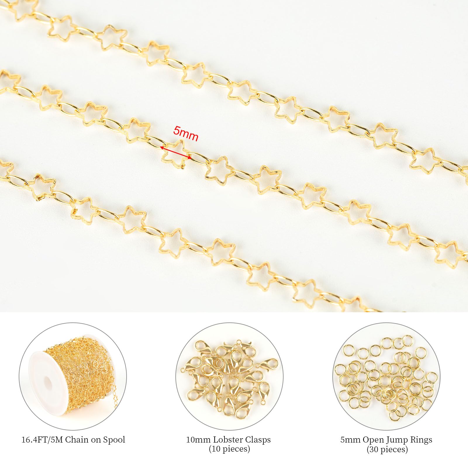 KYUNHOO 5 Meters Necklace Chains For Jewelry Making Hollow Star Link Chain On Spool 18K Gold Plated Jewelry Chain Roll With Lobster Clasps Jump Rings Handmade Craft Making Supplies