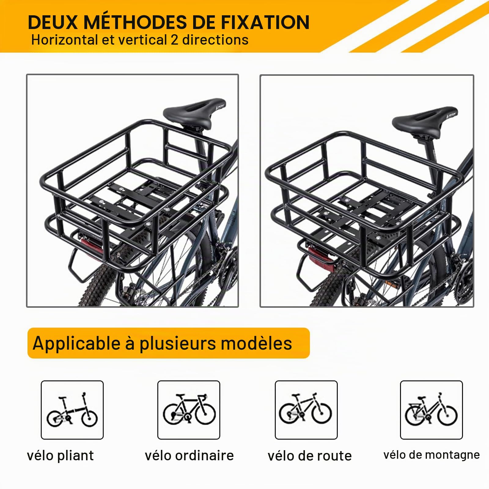 Grand Panier Velo Arriere, Panier Métallique pour Vélo Arrière, avec Filet De Chargement et Doublure, Compatible avec La Plupart des Vélos et Vélos électriques, Noir