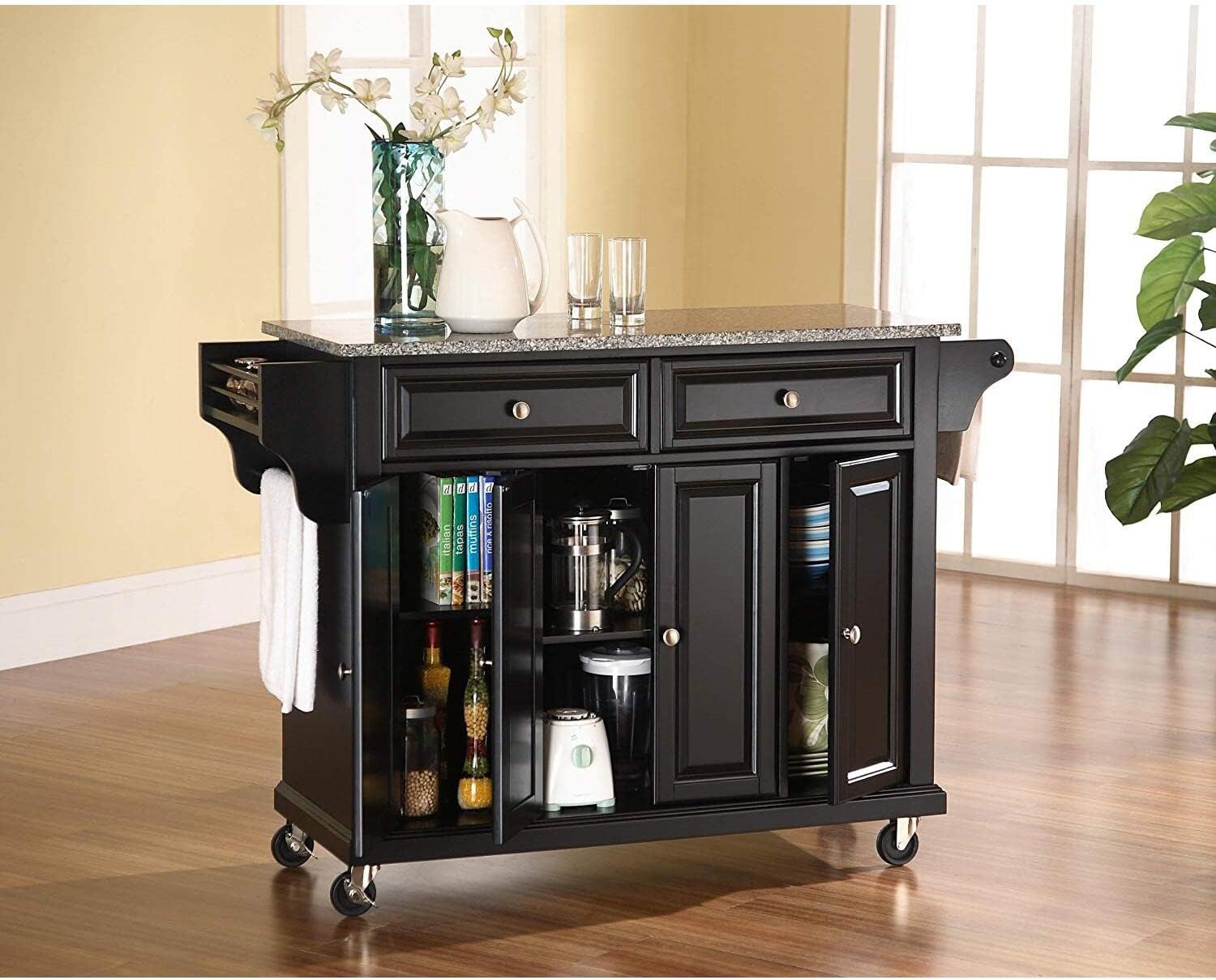 HomeStock Kitchen Cart with Stainless Steel Top & Shelves - Mobile Island Storage Black/Gray Granite Top