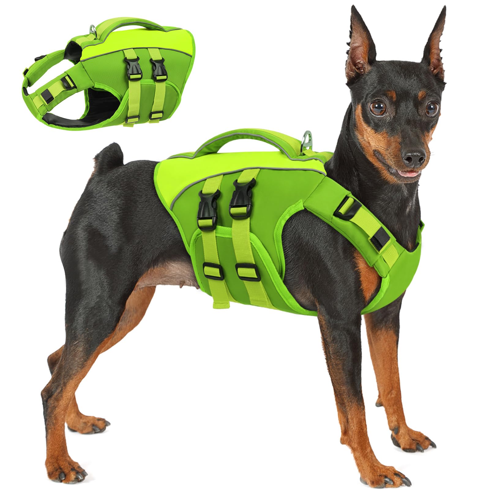 Queenmore Green X-Large Dog Life Jacket, Adjustable Reflective Dog Swimming Vest, Superior Buoyancy, High Floating Pet Life Vest for Swimming
