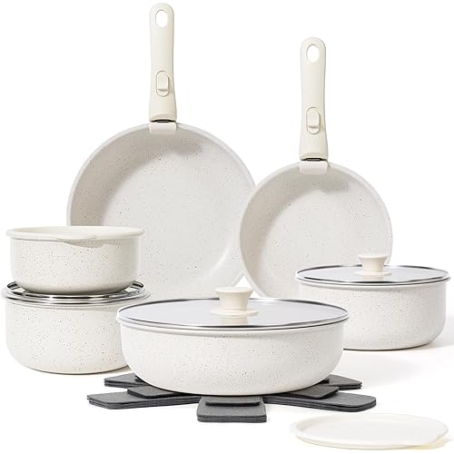 18 Pcs Pots and Pans Set Non Stick, Cookware Sets with Detachable Handle, Nonstick RV Kitchen Cooking Tools Removable Handles, Oven Safe, Induction Fast, Stackable Induction Cookware, White