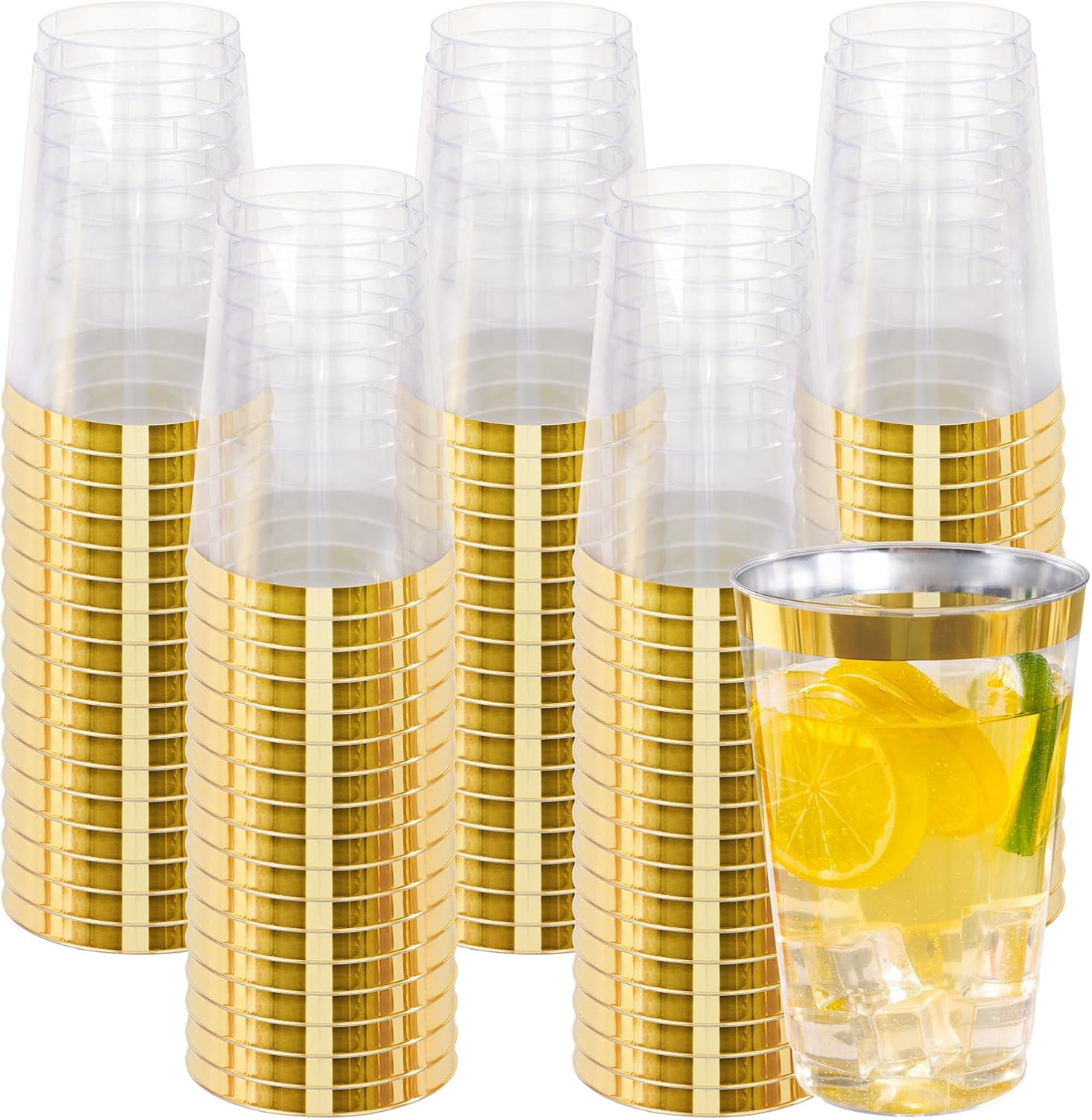 I00000 100 Pack 20 oz Gold Plastic Cups, Elegant Gold Rimmed Plastic Cups, Disposable Cocktail Glasses Wine Glasses, 20 oz Premium Tumblers Perfect for Birthday, Party & Wedding