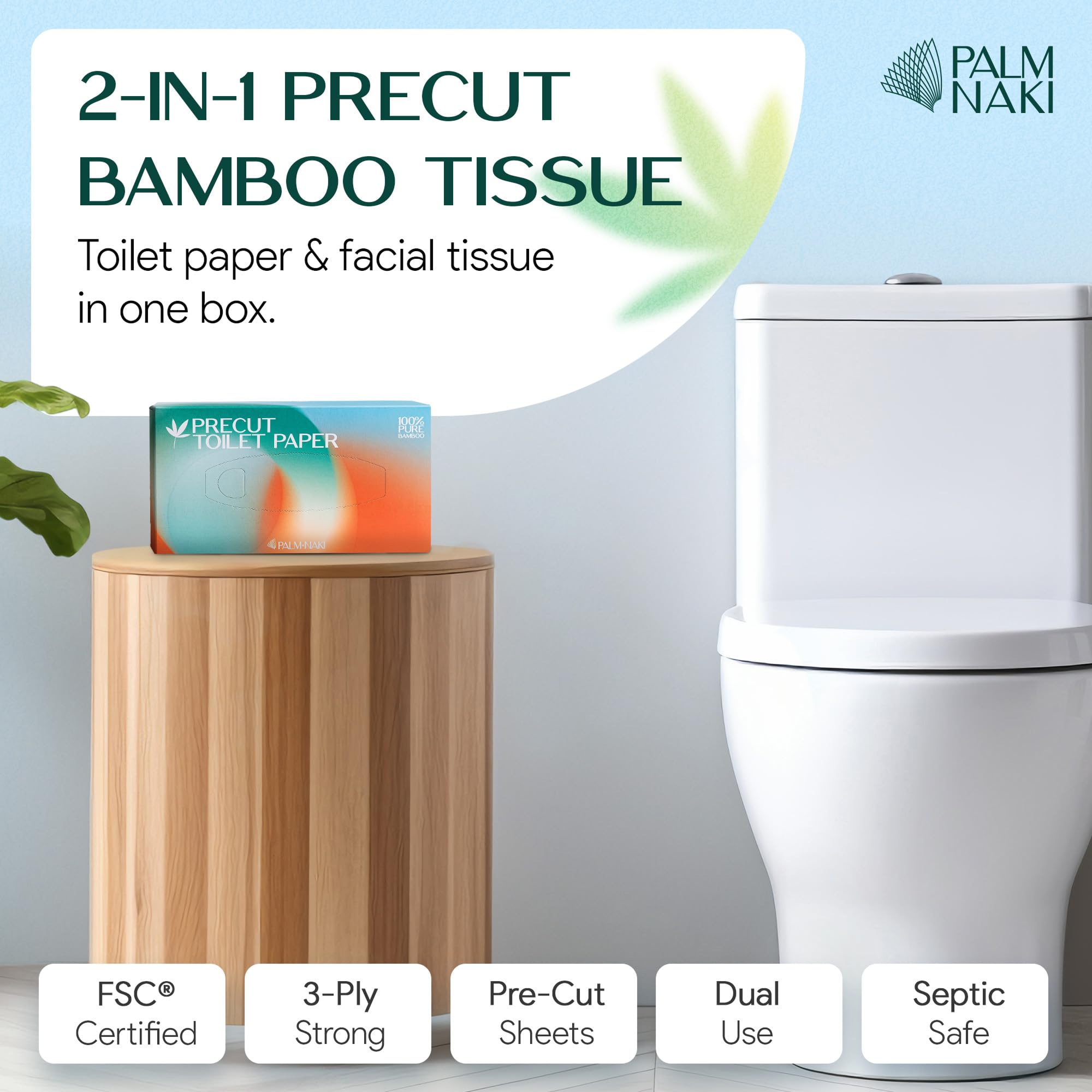 Palm Naki Papel higiénico precortado en caja, 100 % bambú, 3 capas, 125 hojas por caja, paquete de 3, papel higiénico de disolución rápida, apto para sépticos en formato de pañuelos faciales para