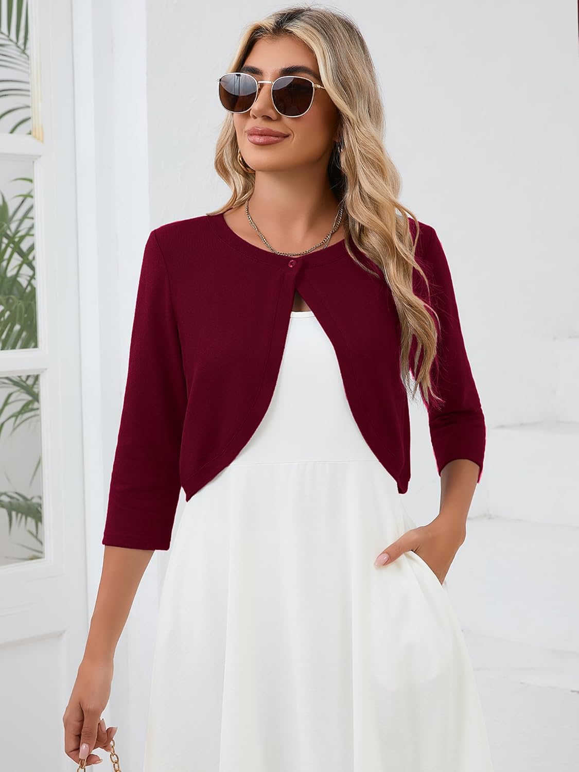 Heymoments Women's 3/4 Sleeve Casual Shrugs Lightweight Open Front Cropped Cardigan for Dresses - Image 2