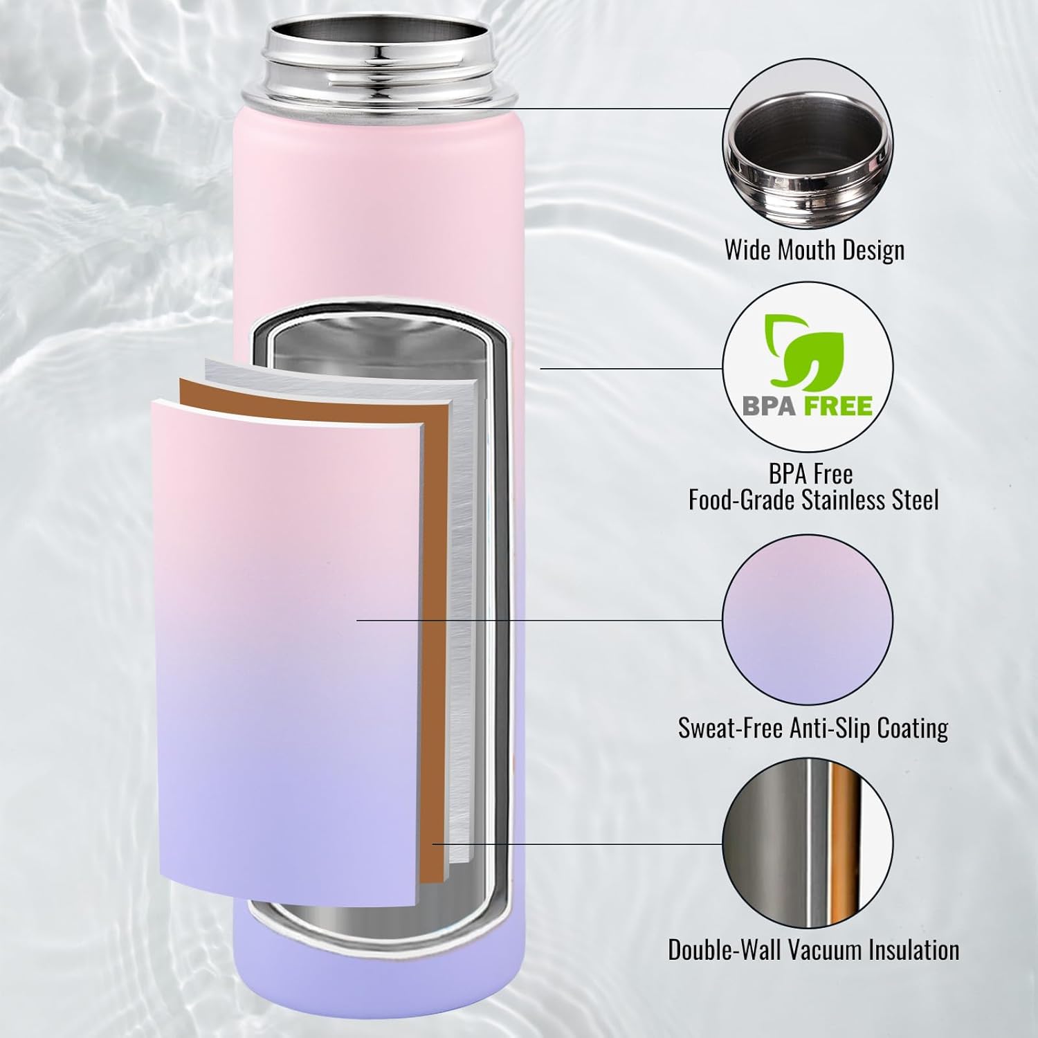 24 oz insulated water bottle with handle, 309 stainless steel water bottles with wide mouth, double wall vacuum sports water bottle, bpa free, keep cold and hot, pink/purple 24 ounces pink/purple