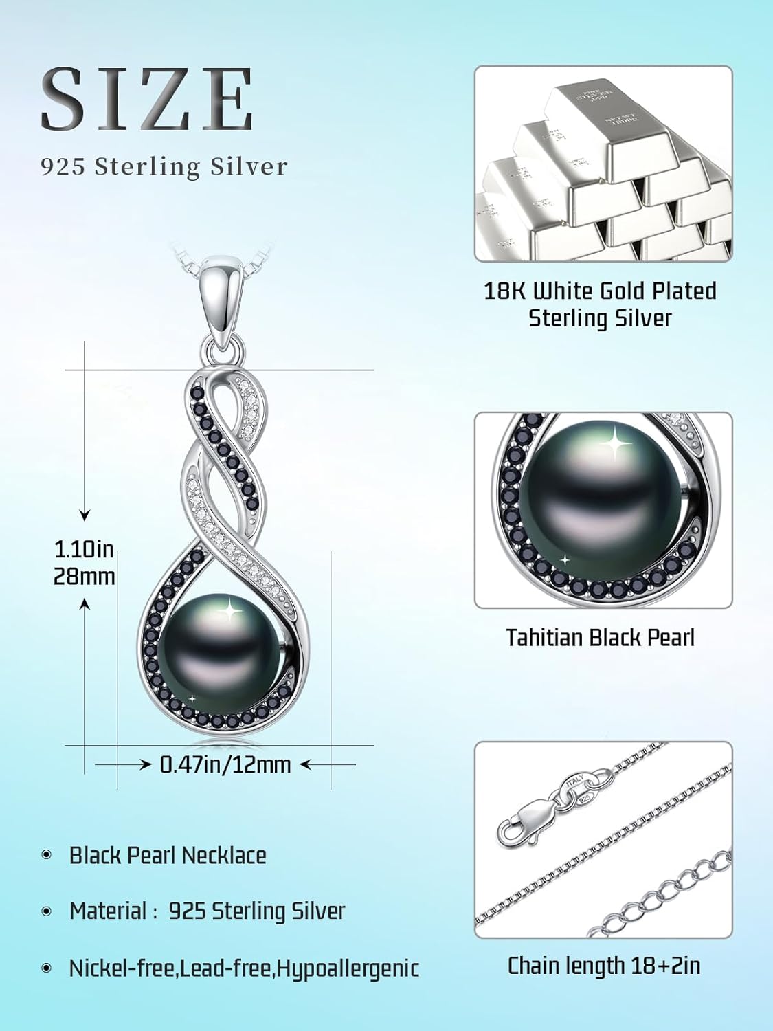 Tahitian Black Pearl AAAA 18K White Gold Plated Sterling Silver Infinity Celtic Knot Pendant Necklace for Women Wife Mom Girlfriend Her Jewelry Gift for Anniversary Birthday Christmas - Image 6