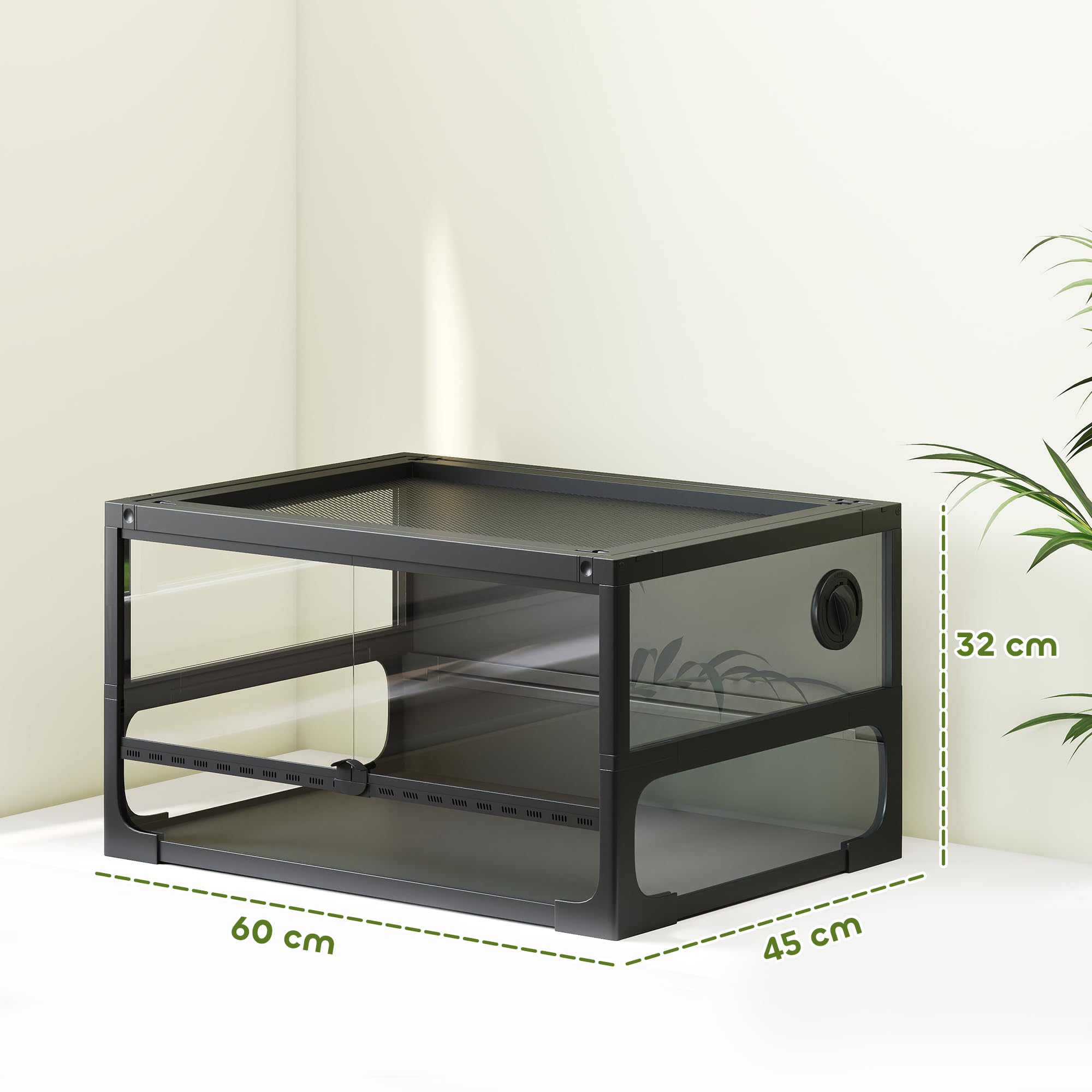PawHut Faltbares, erhöhtes Reptilienterrarium 60x45x32 cm mit Schloss, Tür für Fütterung, Belüftung und 360° Sicht, Reptilienterrarium aus gehärtetem Glas mit Drahtgeflecht für Echsen, Spinnen