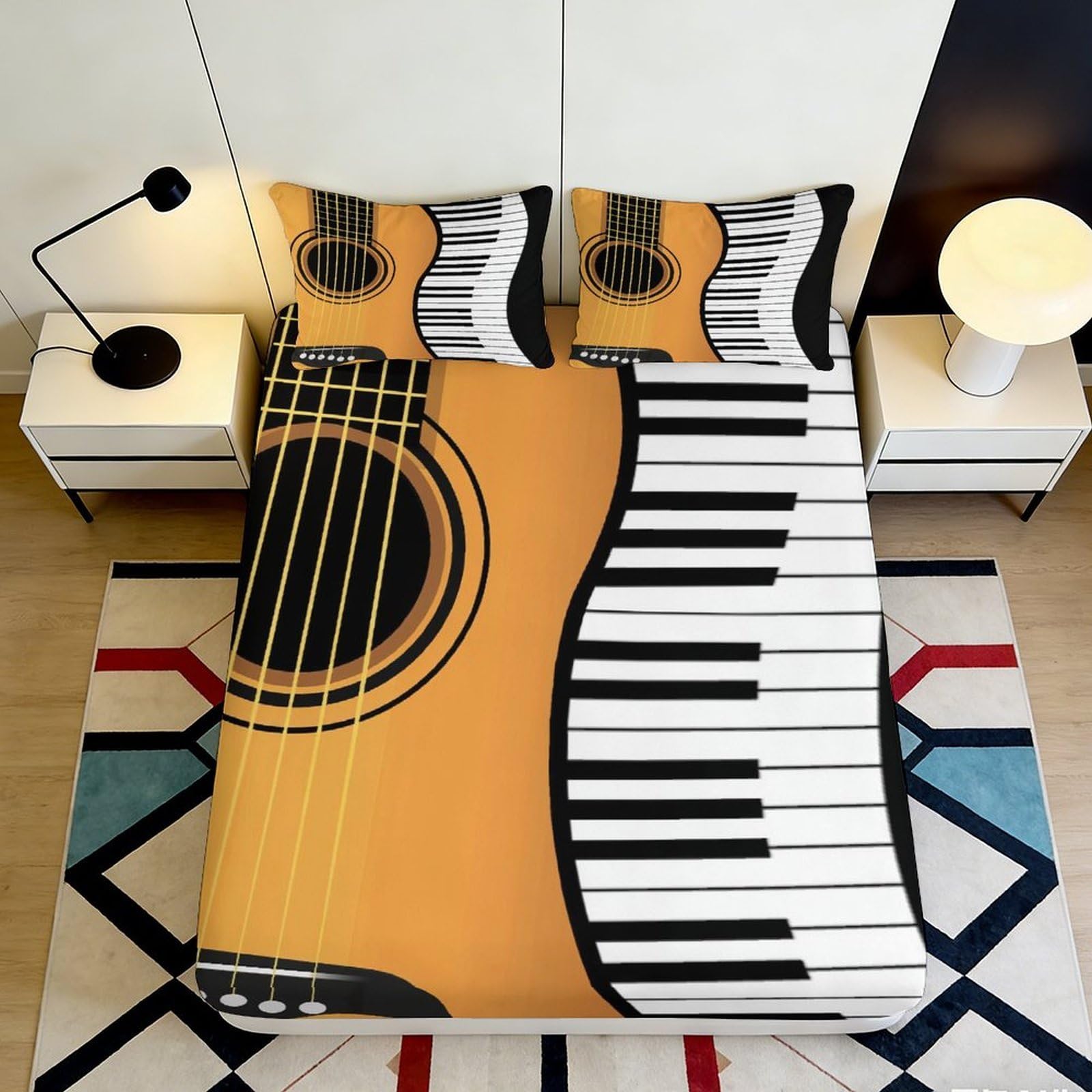 3D Printed Guitar Piano Fitted Sheet Microfiber Soft Musical Instrument Bed Cover for Bedroom Dorm Easy Care Decor 90x200x25cm