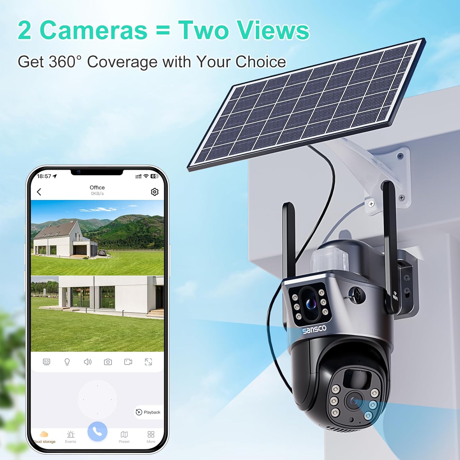 SANSCO 4MP Wireless Solar Security Cameras, WiFi Cameras Outdoor for Home Security, 360° PTZ Surveillance Camera with Dual Lens, Night Vision, 2-Way Audio, PIR Motion Detection (Gray) - Image 2
