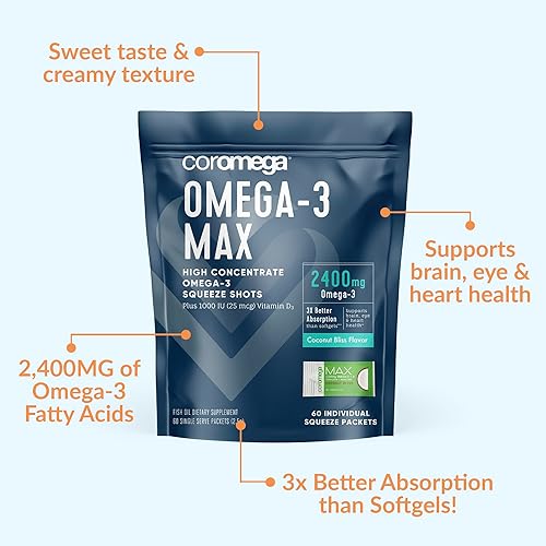 Miniatura 3 de Coromega Aceite de pescado Omega 3 de alto concentrado 2400 mg de Omega-3 con 3 veces mejor absorción que las cápsulas blandas 90 paquetes de una