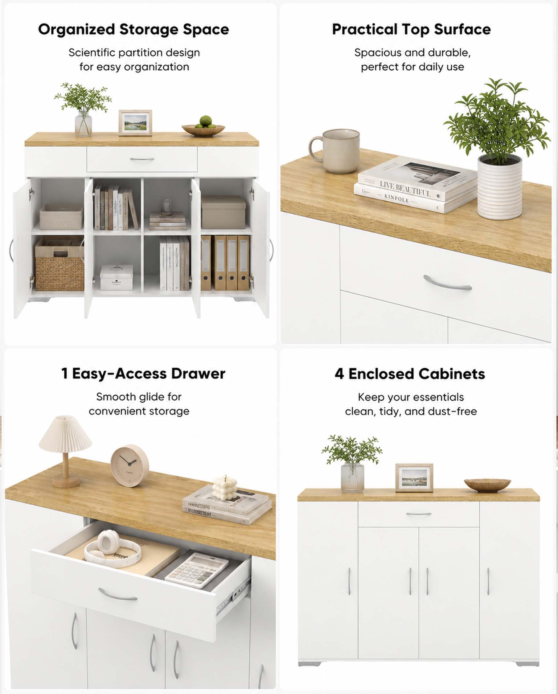 hitsuki Credenza Cucina Bianca 110 x 30 x 70 cm Mobiletto Cucina Salvaspazio Mobile Dispensa Cucina con 4 Ante e 1 Cassetto Madia Mobile da Cucina per Soggiorno Ingresso Corridoio