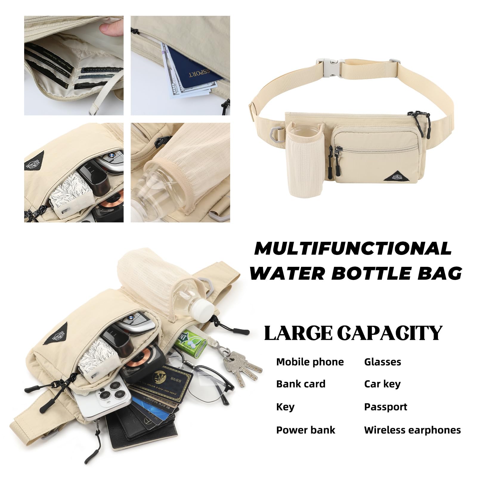 Riñonera con soporte para botella de agua para hombres y mujeres, riñonera para correr, impermeable, para viajes al aire libre, ciclismo, escalada, caminar, para todos los teléfonos, Beige 5