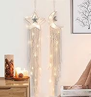 Vista 13 de Atrapasueños de Estrella y Luna, Atrapasueños Rosa Decoración de Habitación, Atrapasueños de Macramé Decoración de Pared para Dormitorio de Niñas