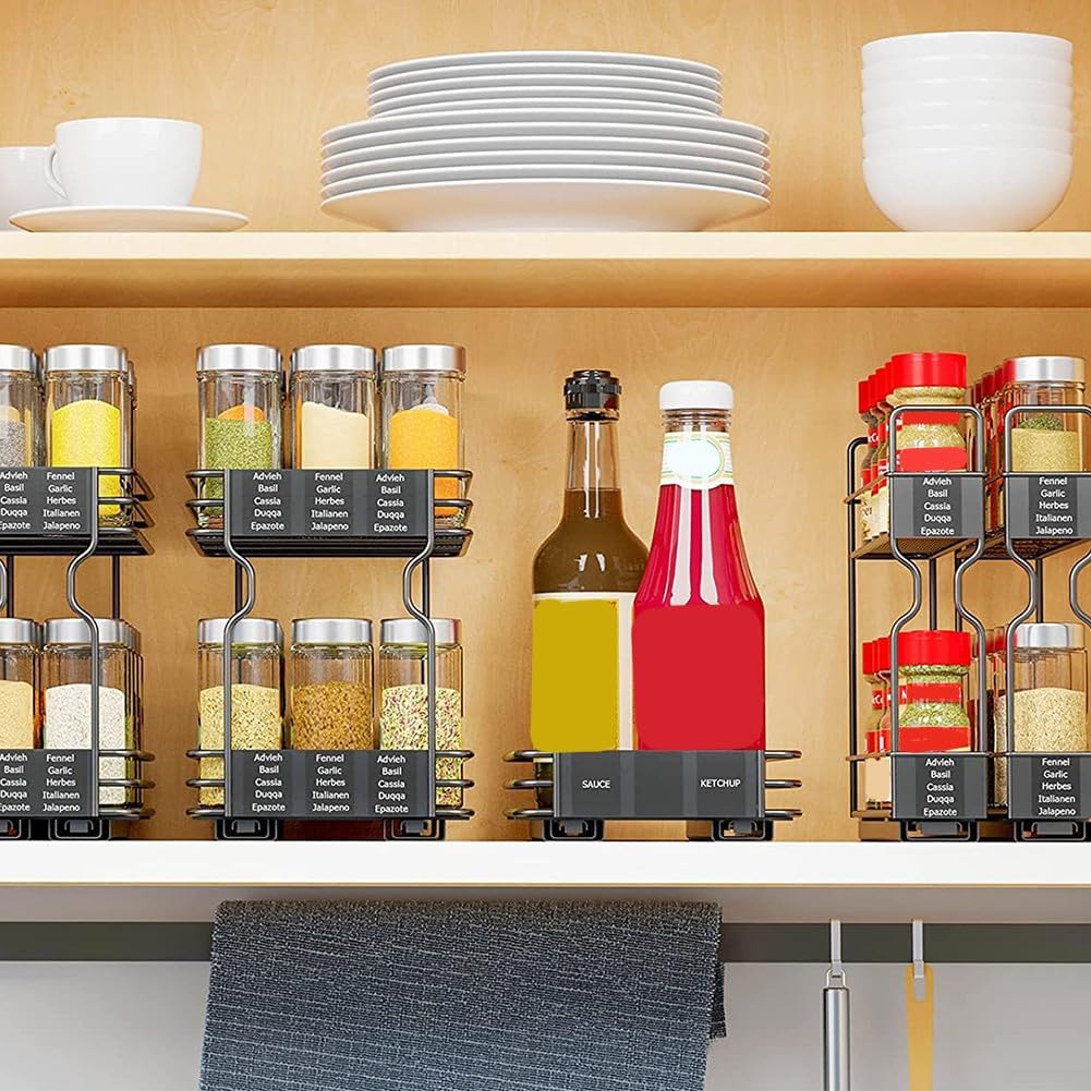 Estante para especias, estante de especias para estufa de cocina, organizador de estante de metal de 2 niveles sin instalación de taladro, ahorra espacio en la encimera, sostiene tarros de condimentos
