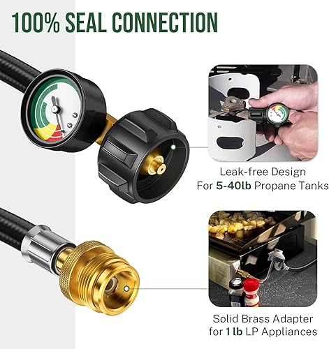 Miniatura 7 de Adaptador de manguera de propano de 12 pies de 1 libra a 20 libras, manguera de tanque de propano con calibre, adaptador de propano de 20 libras a 1