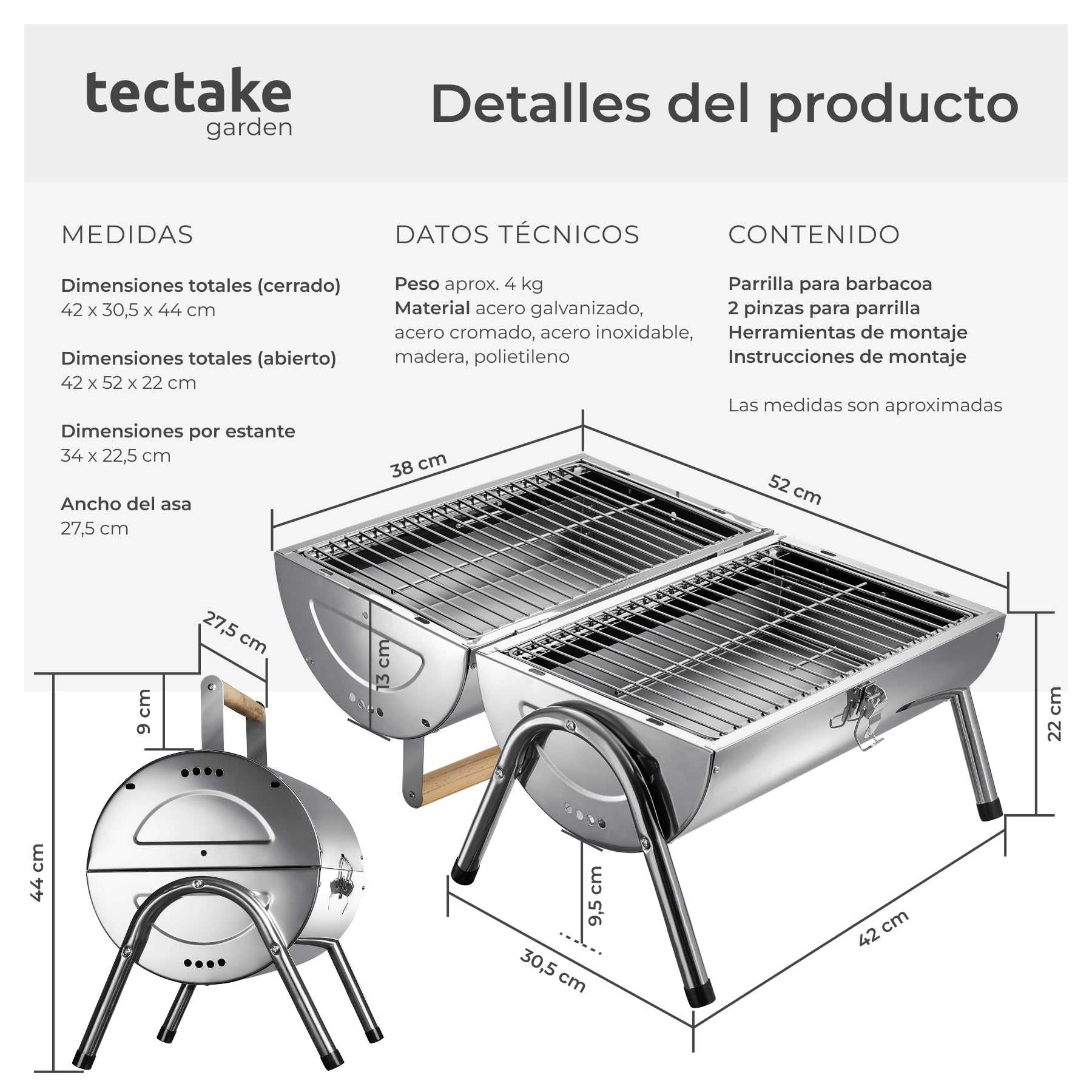 tectake® Parrilla Acero Inoxidable Portátil, Doble Zona, 2 Bandejas