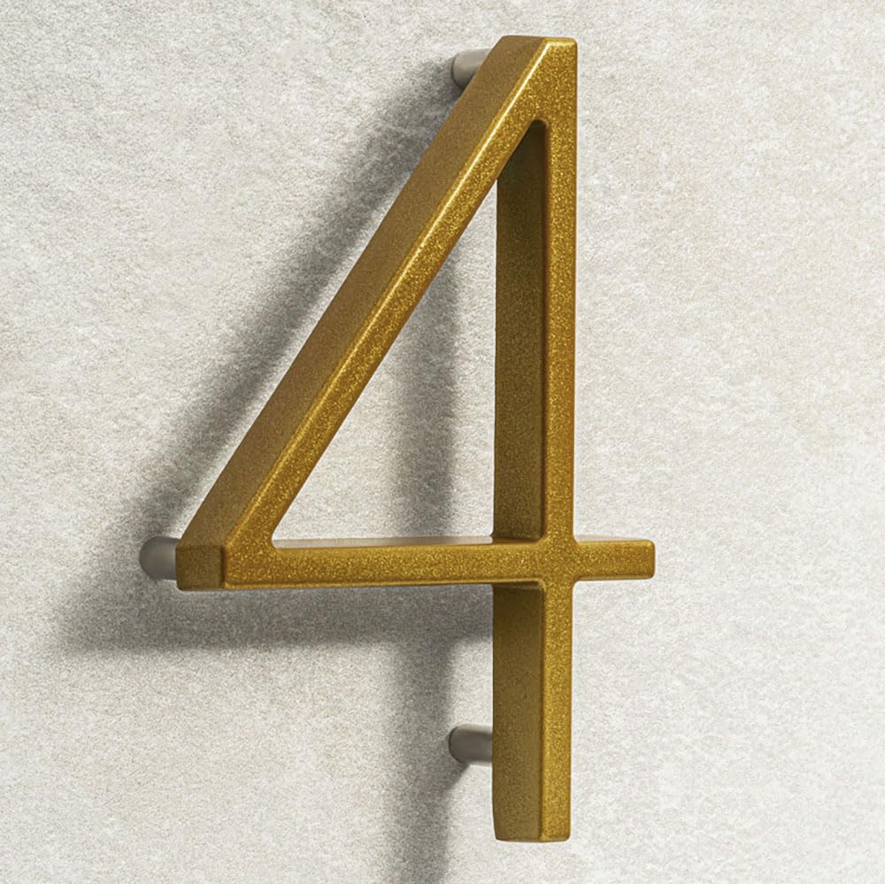 House Signs Direct | Modern Floating 3D Gold Metal House Numbers 5 Inch | Stylish Front Door Numbers with Waterproof Zinc Alloy Finish | Easy Install Door Number Sign for Wall or Gate - Number 4