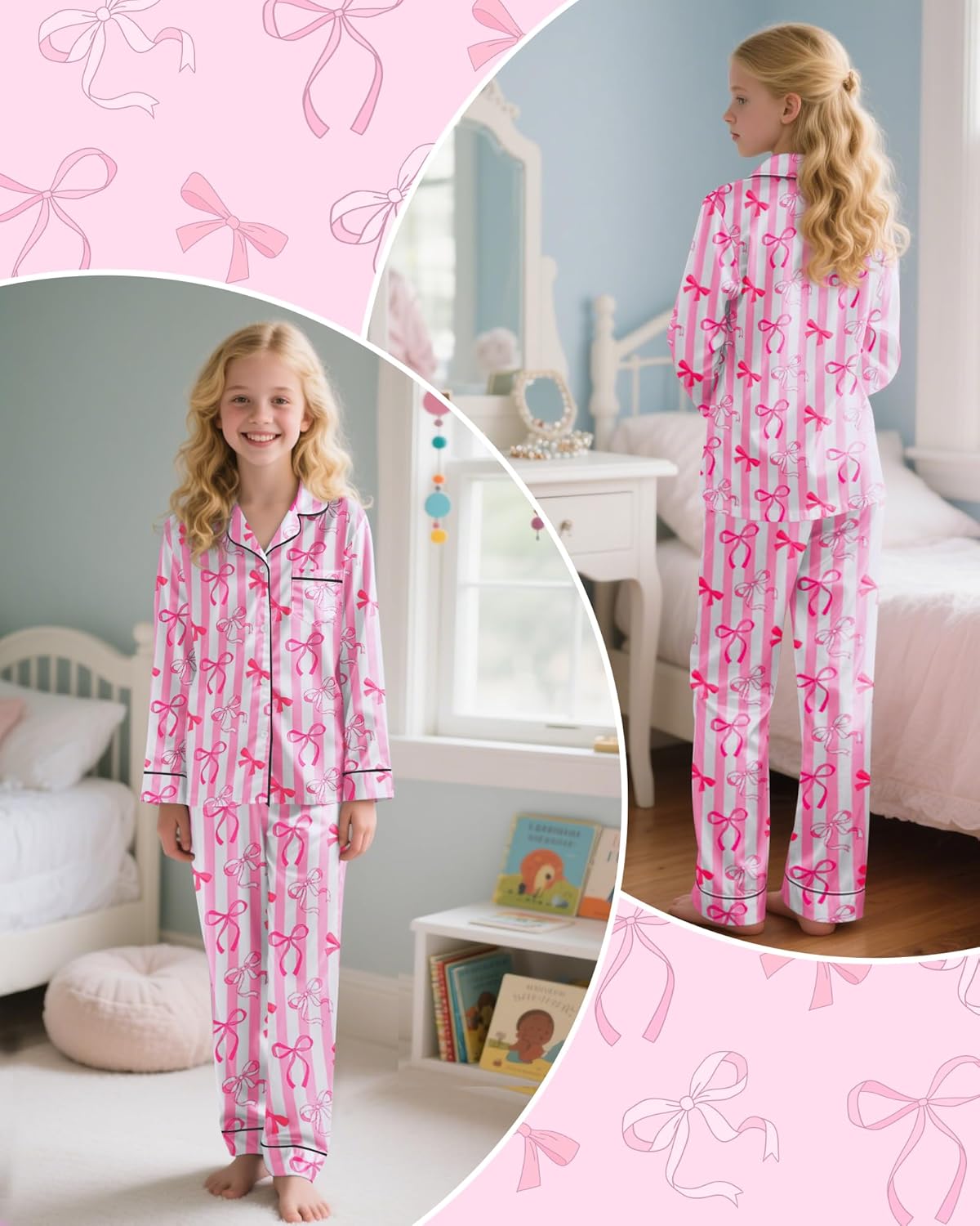 Nidoul Girls Pajamas Satin Pajama Set Silky Bow Pjs Long Sleeve Button Down Sleepwear Loungewear Sets for Big Kids 7-14Y - Image 2