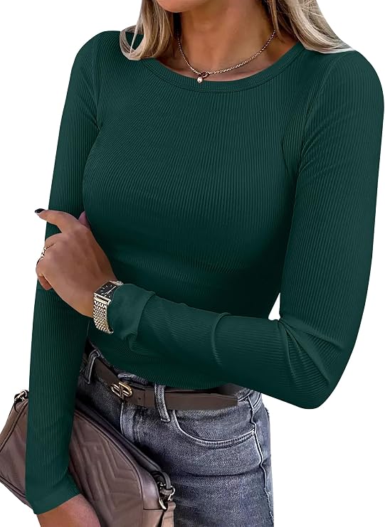 Plush Long Sleeve Shirts Ribbed Fitted Soft Knit Layering - Forest Green