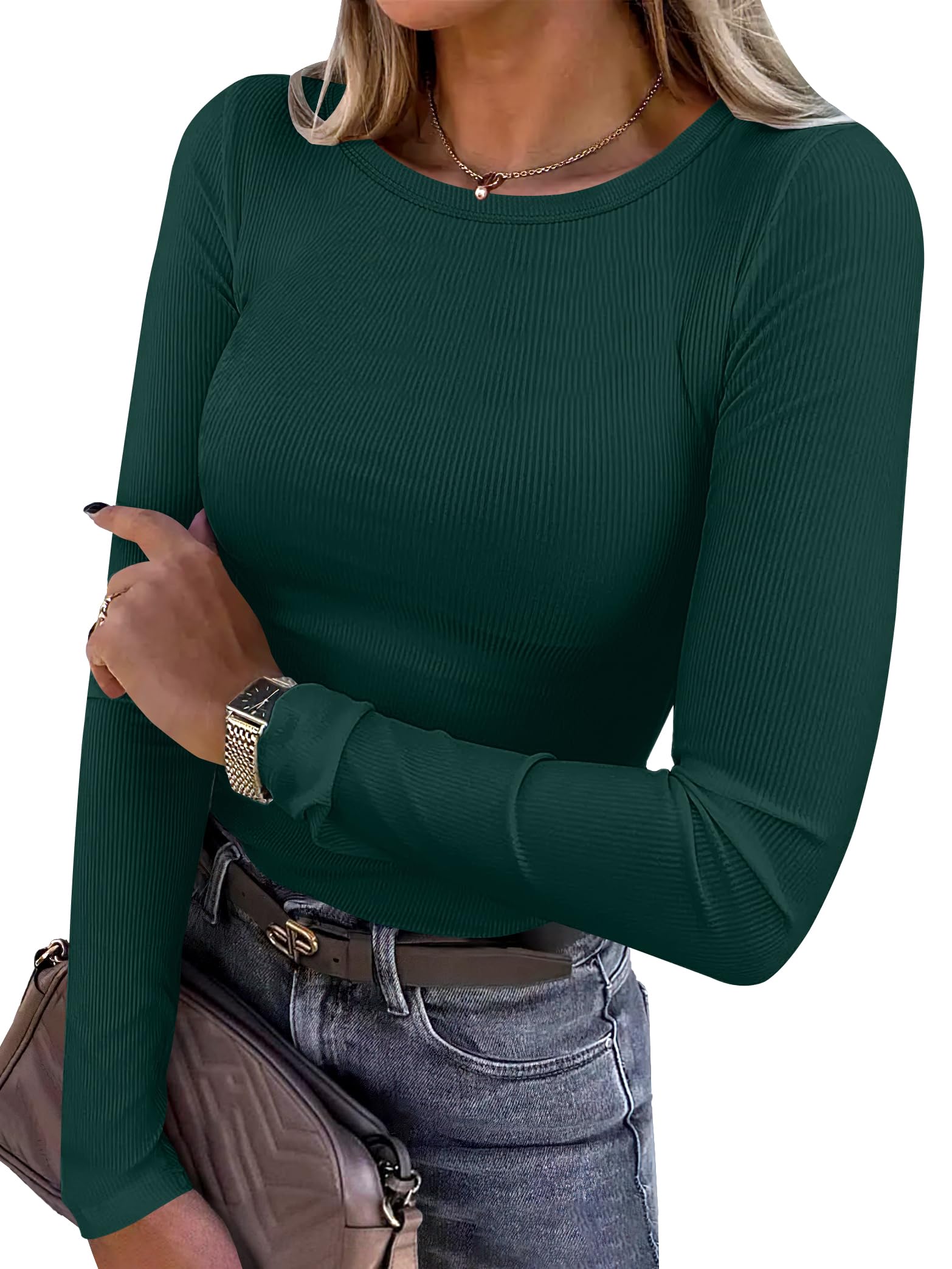 ANRABESS Women Long Sleeve Shirts Rib Knit Slim Fit Tops Basic Tee Spring Outfits Casual T-Shirt Underscrubs Layer Clothes