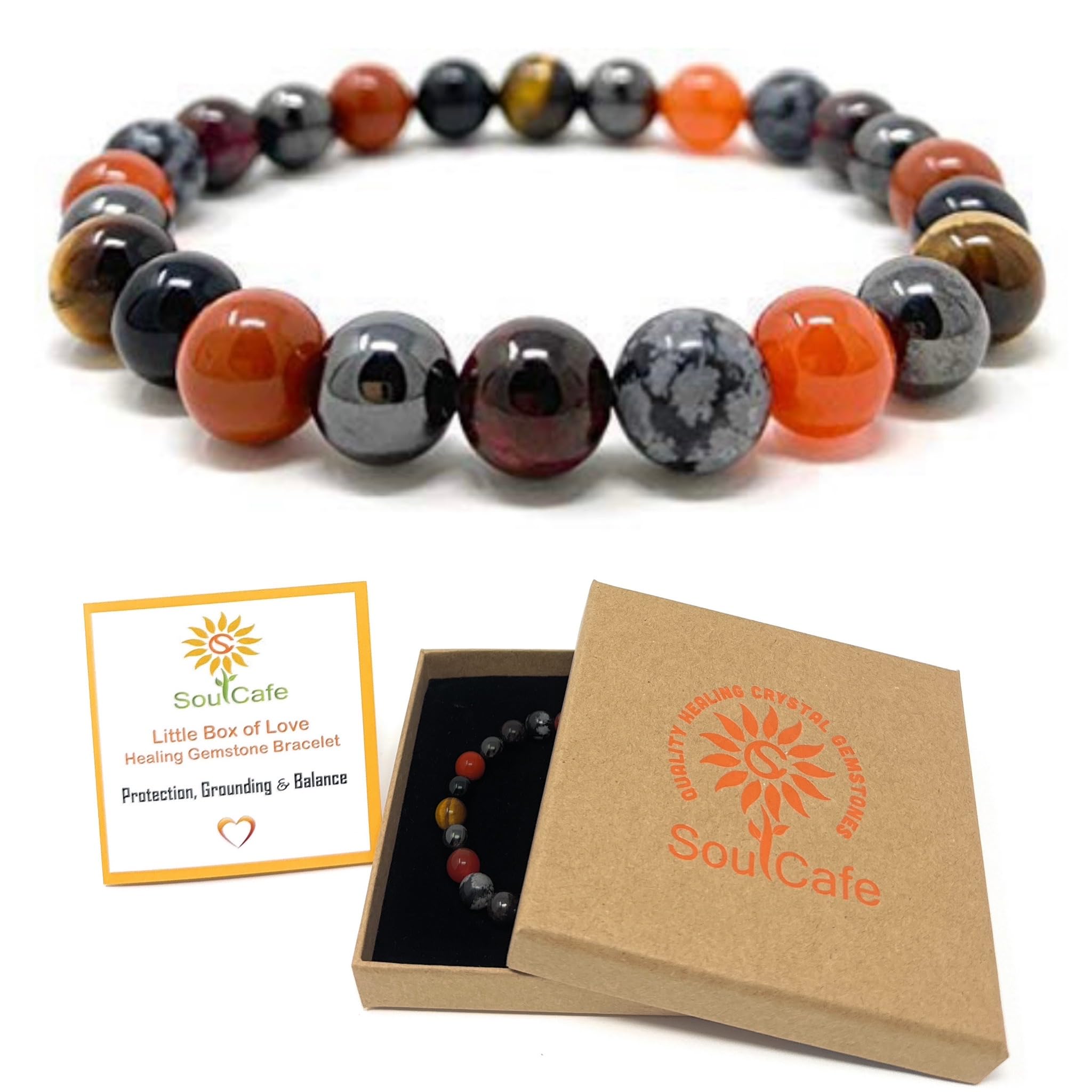 Soulcafe Protection & Grounding Crystal Bead Stretch Bracelet – Gemstone Positive Energy Jewellery – Sizes XS/S/M/L/XL.- Garnet, Magnet Hematite, Jasper, Carnelian, Snowflake Obsidian, Black Onyx