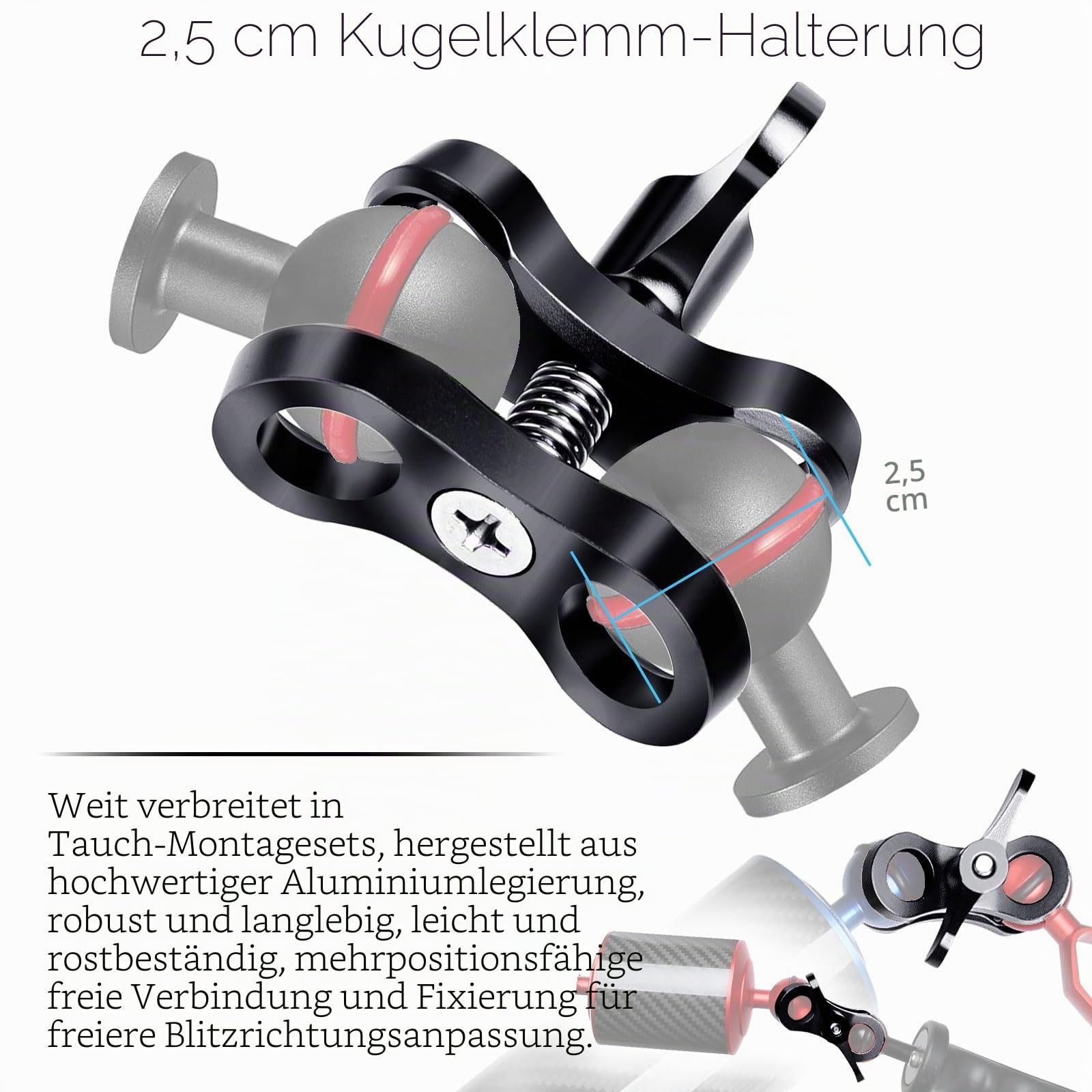 1'' Aluminium-Kugelschelle für Unterwasser-Tauchlicht-Arme-Tray-System, 360° Clip Adapter Halterung für Action-Kamera-Taschenlampe-Arme-System, Fotografie-Tauchkamera (2PCS)