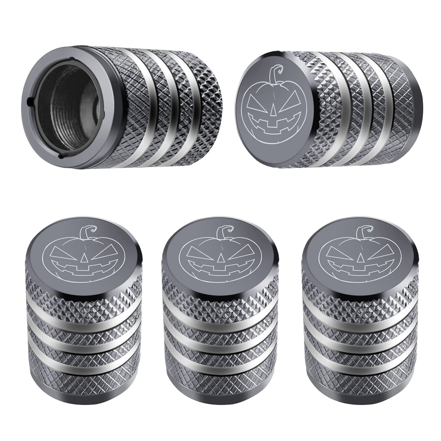 Tire Valve Stem Cap Cover - (5 Pack) Tire Air Cap Metal with Plastic Liner Corrosion Resistant Leak-Proof Halloween Pumpkin Car Decoration Accessories Grey