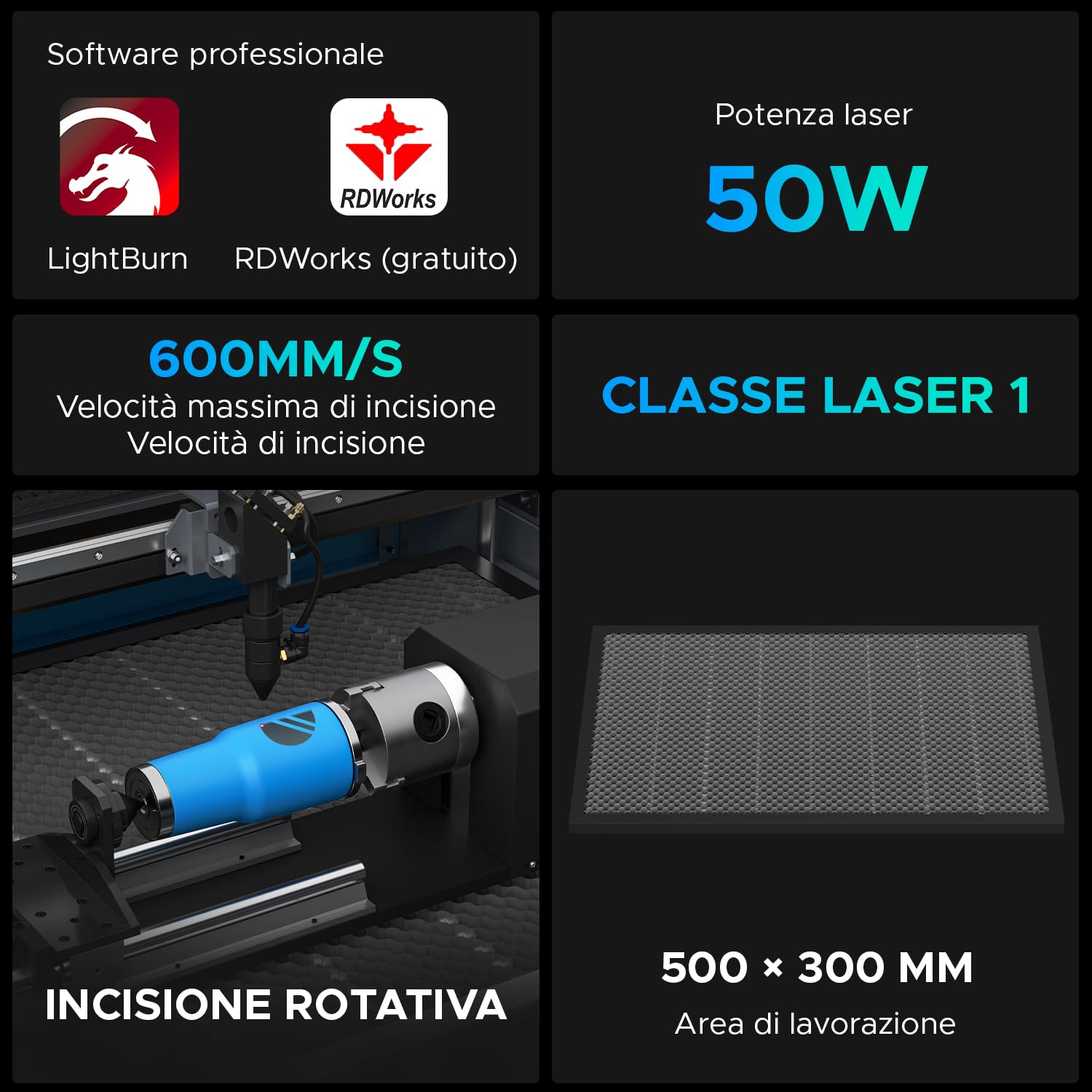OMTech 50W 300X500mm Macchina per Incisione Laser CO2 Incisore Laser con Pannello di Controllo Digitale Aria Assistita e Ruote Girevoli(with Lightburn&Refroidisseur d'eau)