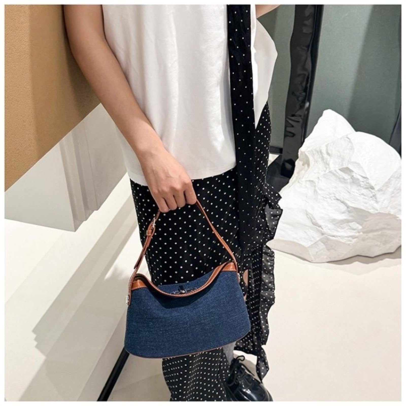 Bolso Mujer Hobo De Hombro Diario para Las Mujeres Denim Azul Claro con Cremallera Gran Capacidad Decoración Oscura-Blue