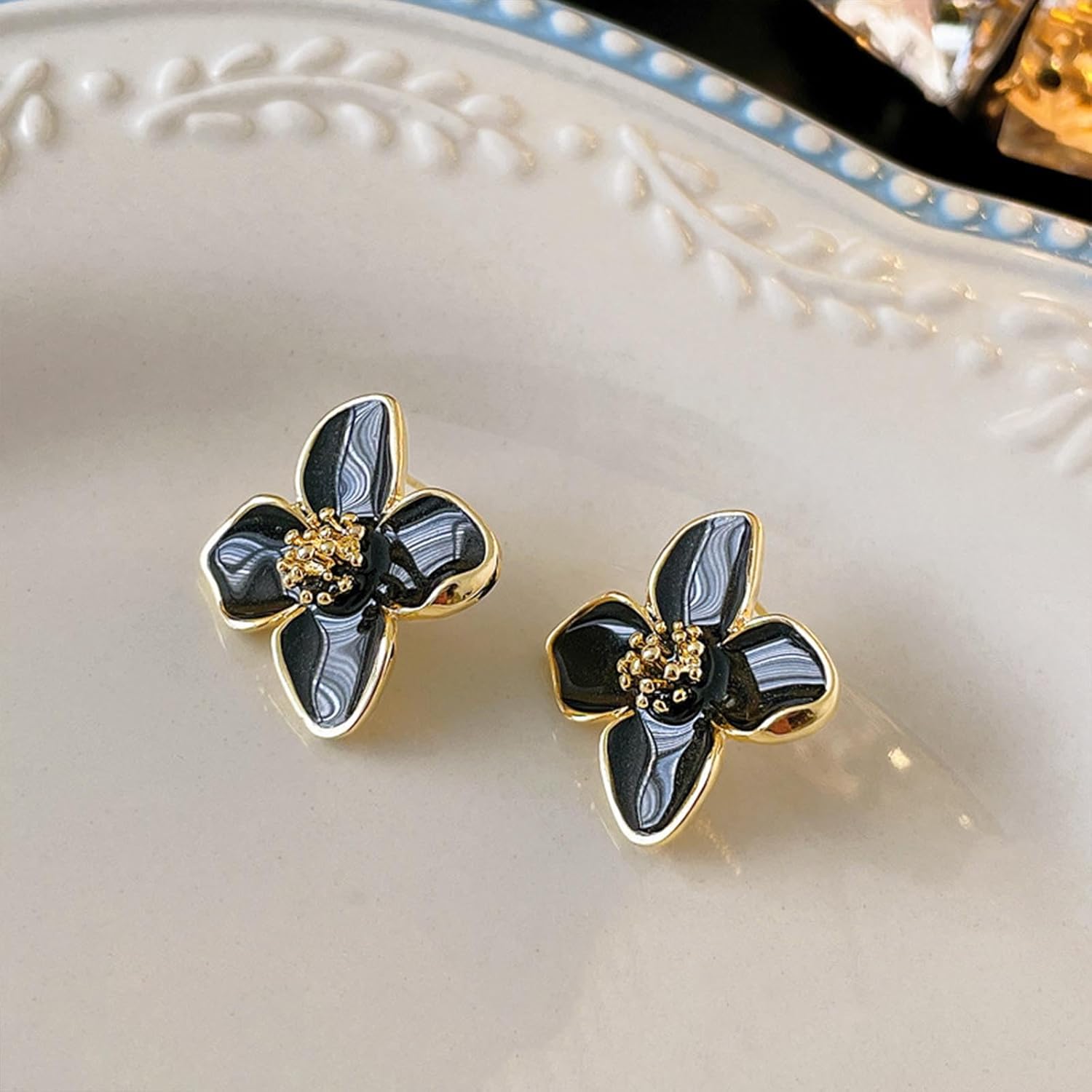 Vintage Crystal Flower Earrings Black Rhinestone Dangle Earrings Four Leaf Flower Stud Earrings Gold Crystal Drop Earrings Jewelry for Women and Teen - Image 4