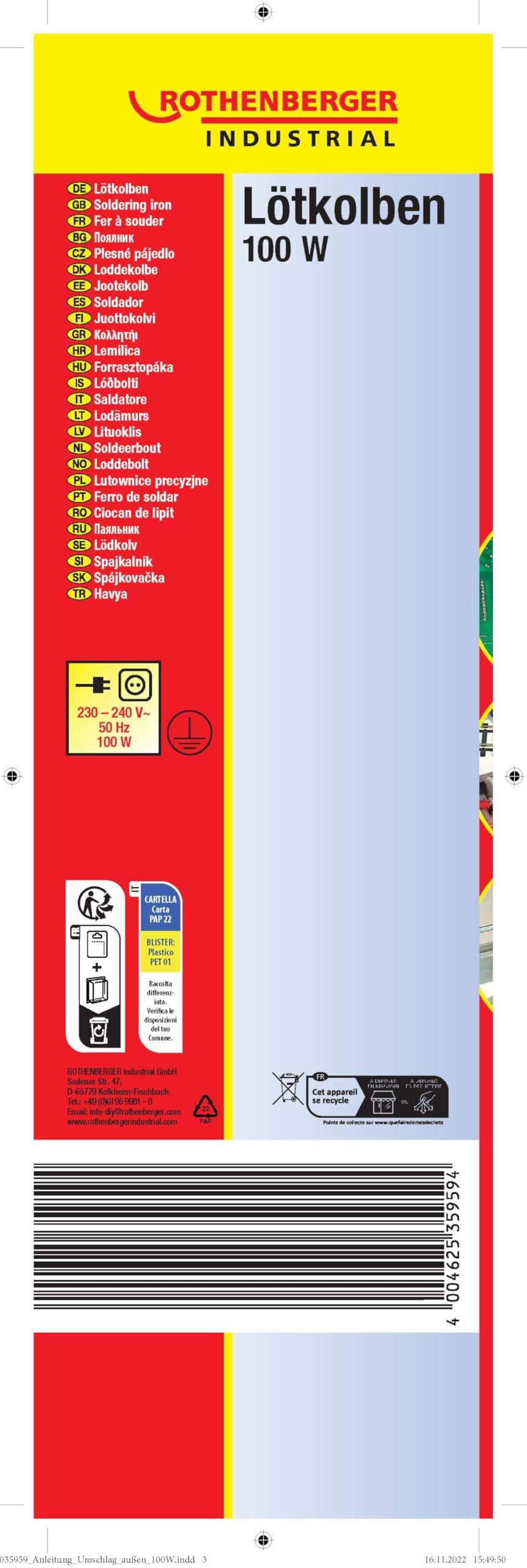 ROTHENBERGER Industrial Fer à souder, 100 W, incluant support d'appareil + pointe en cuivre coudée/plate, 035959