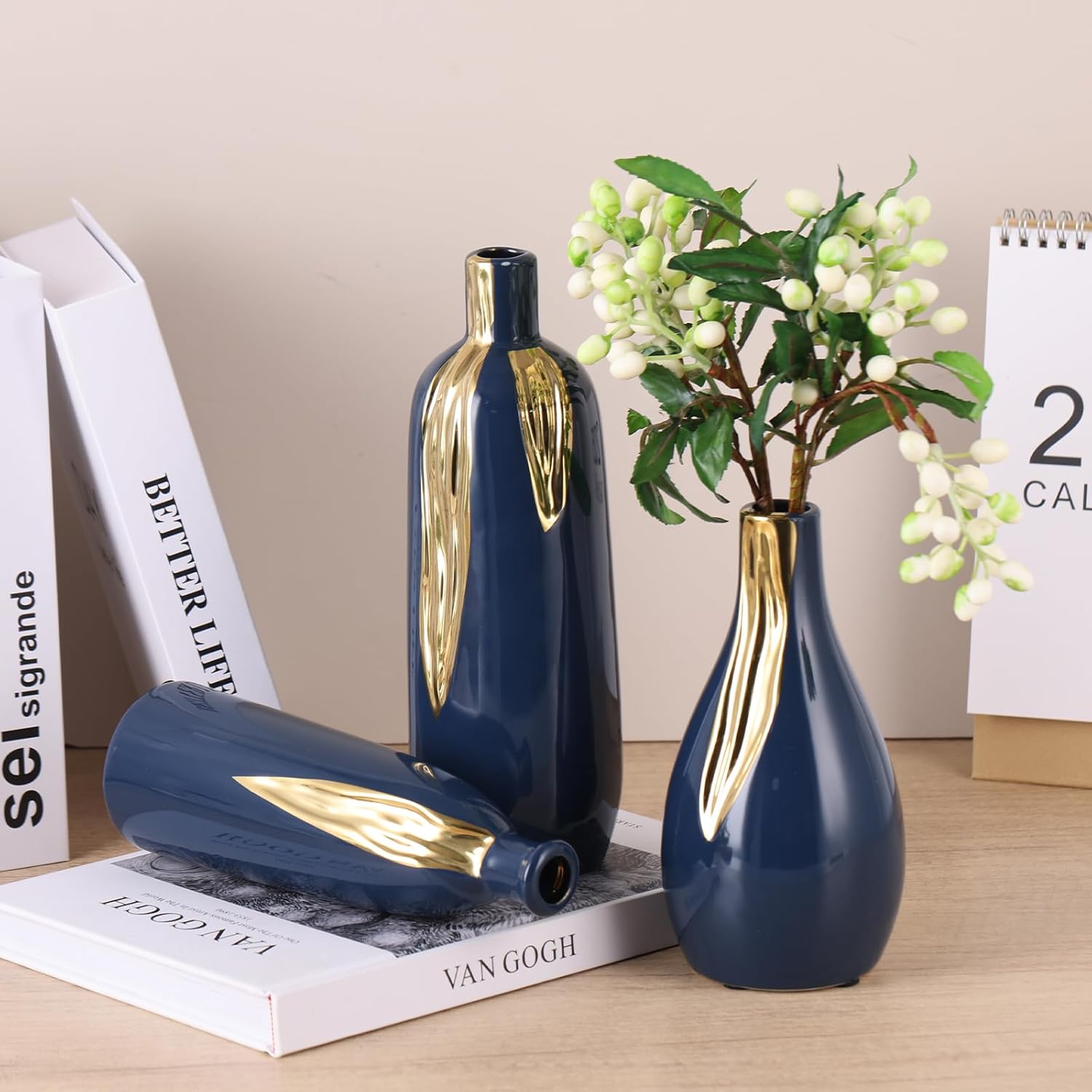 Blue and Gold Ceramic Vase Set of 3, Ceramic Vase Set for Decorative, Blue and Gold Single Stem Vases for Centerpieces Nightstand Kitchen, Boho Farmhouse Home Decoration