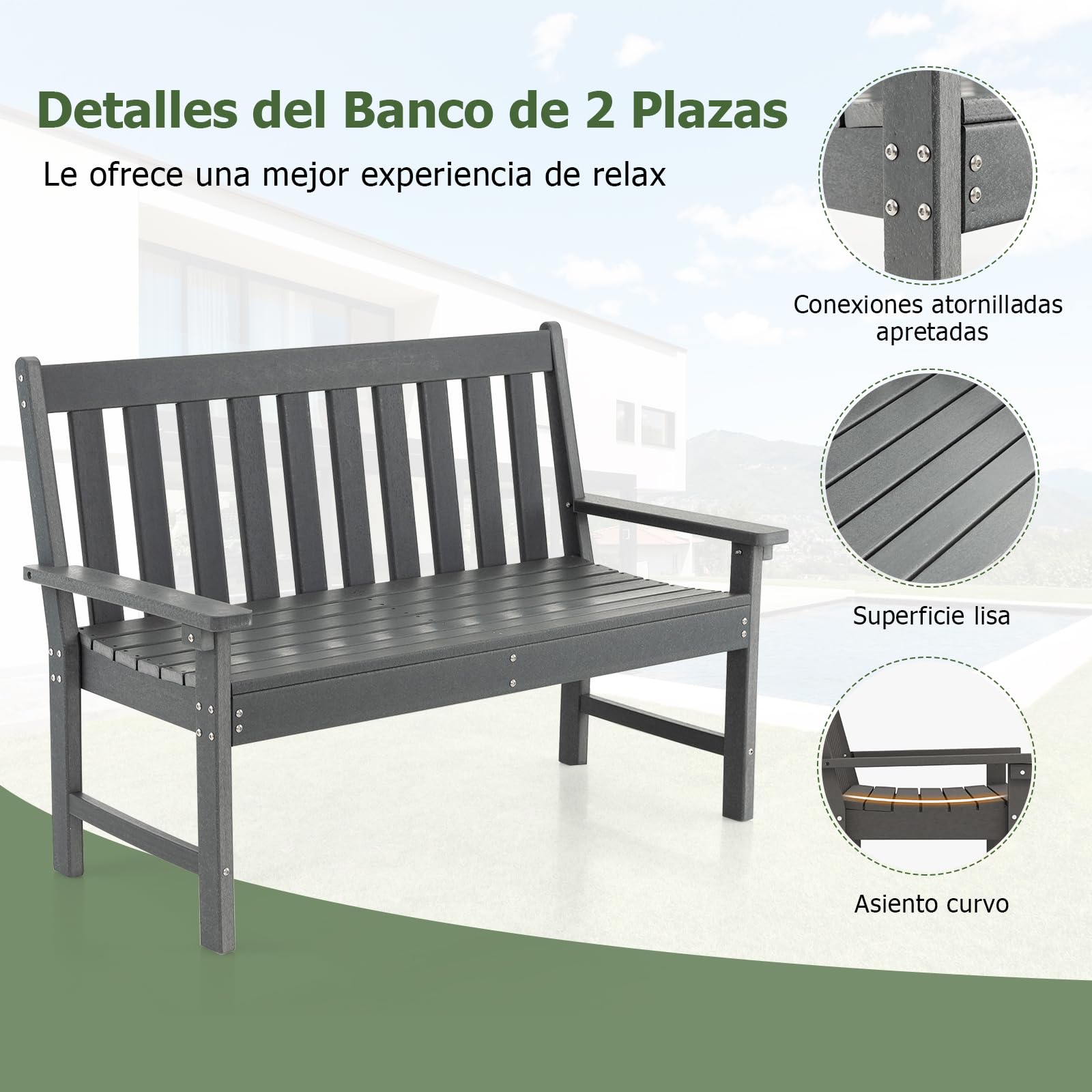 GIANTEX Banco de Jardín 2 Plazas, Banco de Plástico con Respaldo y Reposabrazos, Asiento de Láminas, Carga hasta 320 kg, 132 x 65 x 91 cm, para Parque, Porche, Balcón (Gris)