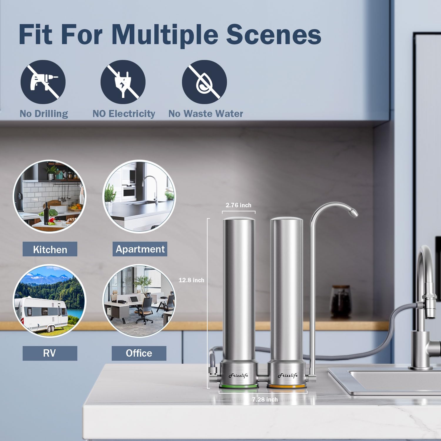 Frizzlife DS99-S Sistema de filtrado de agua para encimera, Filtración de agua de acero inoxidable en 8 etapas,0,5 micras Reduce en un 99% el plomo,el cloro,los metales pesados y la acumulación de cal