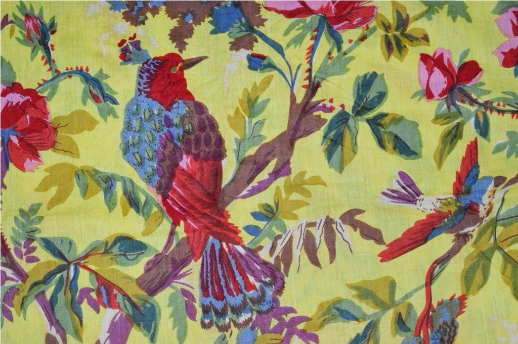 Indian Yellow Bird Print 100% Cotton Fabric Jaipuri Sanganri Kurti Print Fabric 5 Yard
