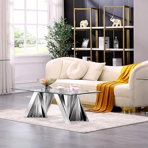 Anewsun Modern Coffee Table, Clear Glass Living Room Coffee Table with Silver Geometric Base