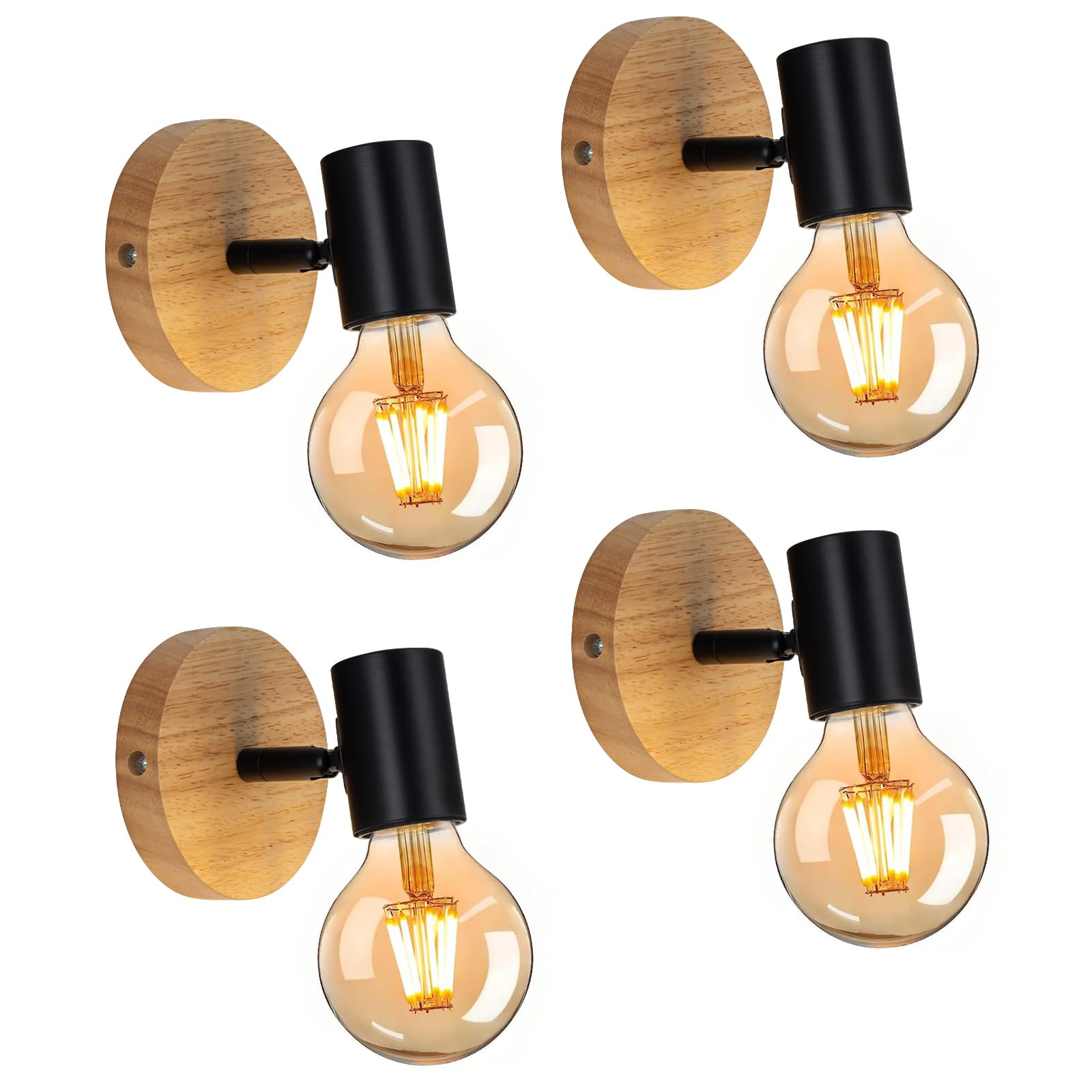 Tealight 4 Pezzi Applique da Parete Interno, Applique Camera da Letto,lampade per corridoio, Legno e Metallo Design, Lampada a Muro Vintage E27 per Corridoio, Camera da Letto,Soggiorno, Nero