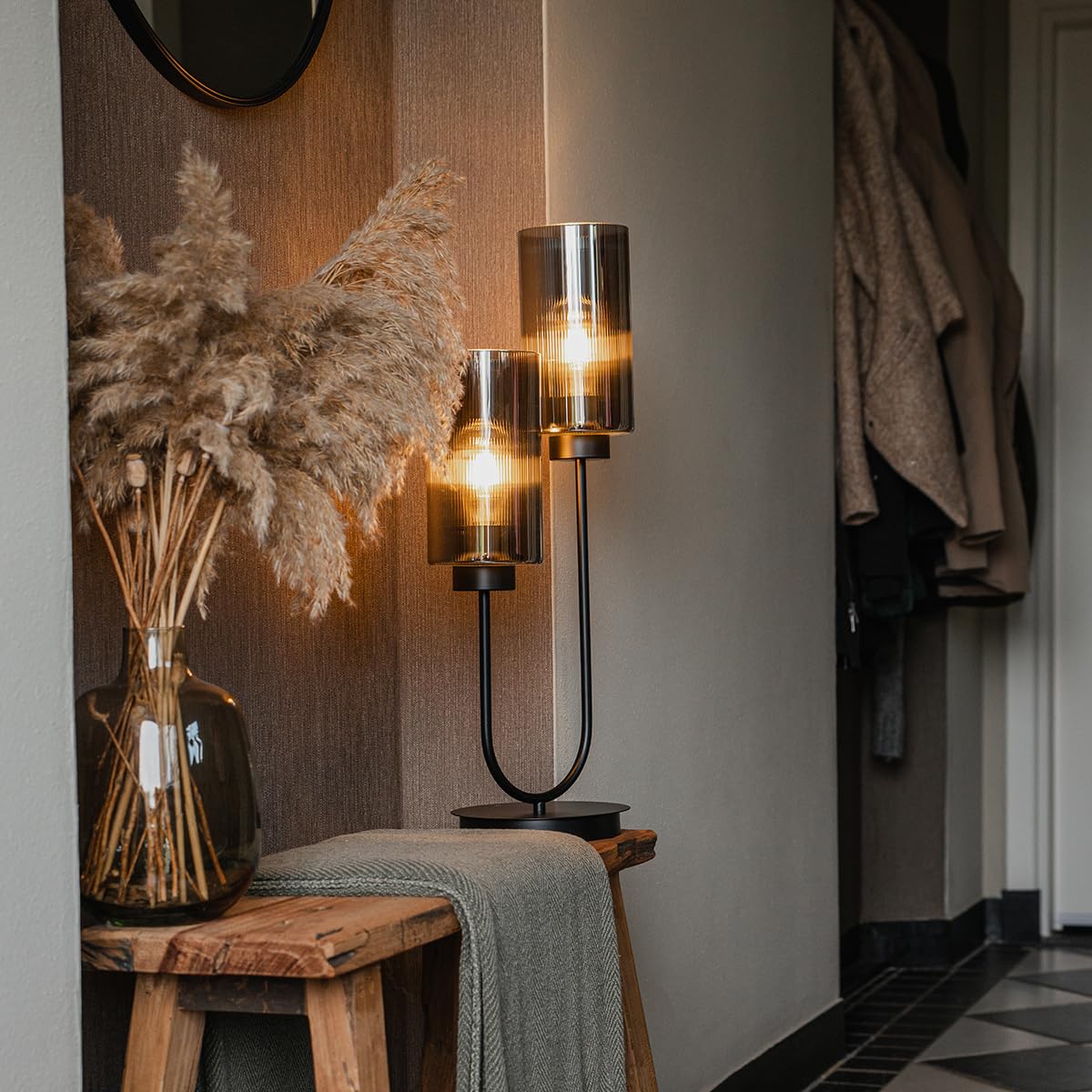 Qazqa Art Deco Tischleuchte - Laura - Schwarz mit Rauchglas, max. 40W, Geeignet für LED, 64cm, Ideal als Schlafzimmerlampe und Wohnzimmerlampe