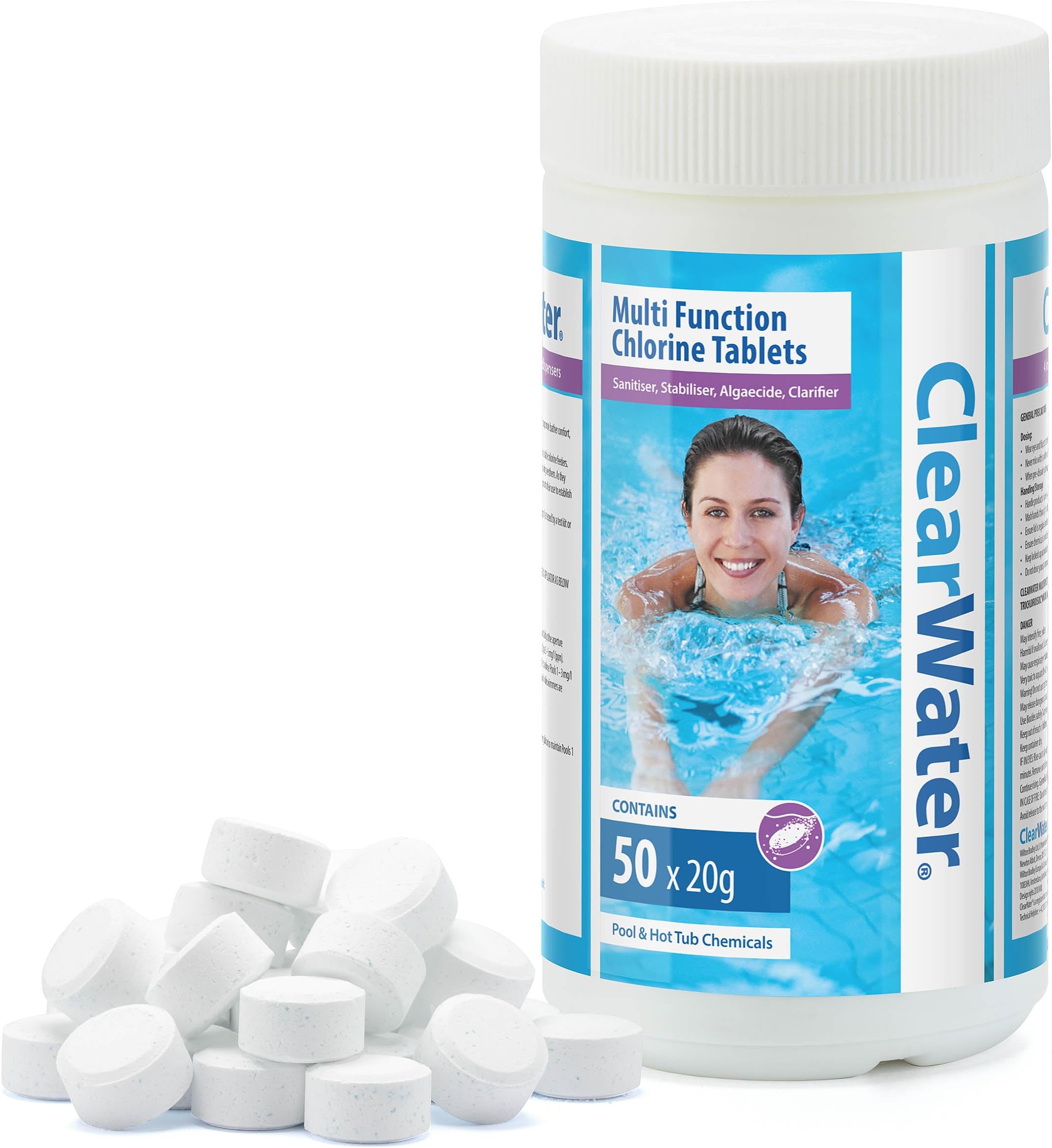1 kg Multifunction Chlorine Tablets, 4-in-1 Dispenser Tablets (Sanitiser, Stabiliser, Algaecide and Clarifier) for Pools and Hot Tubs, 50 x 20 g, White