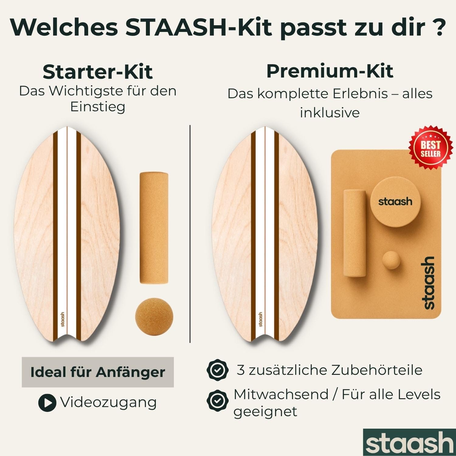 STAASH® Balance Board Holz – Pro Gleichgewichtstrainer inkl. Korkrolle & Korkball + Videokurs – Indoor-Surfen, Balance- & Stabilitätstraining, Fitness, Yoga