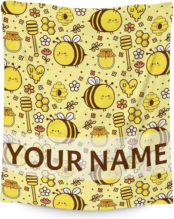 Personalized Bee Blanket Gifts, 30"x40" Cute Throw for Women Girls, Soft Cozy Warm Flannel Blanket for Sofa Bed