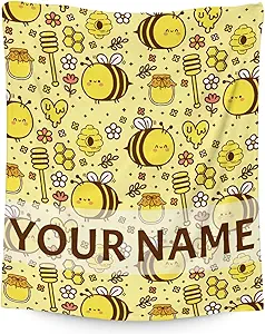 Personalized Bee Blanket Gifts, 30"x40" Cute Throw for Women Girls, Soft Cozy Warm Flannel Blanket for Sofa Bed