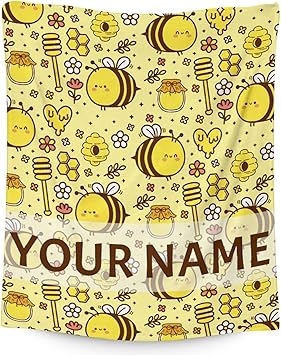Personalized Bee Blanket Gifts, 30"x40" Cute Throw for Women Girls, Soft Cozy Warm Flannel Blanket for Sofa Bed