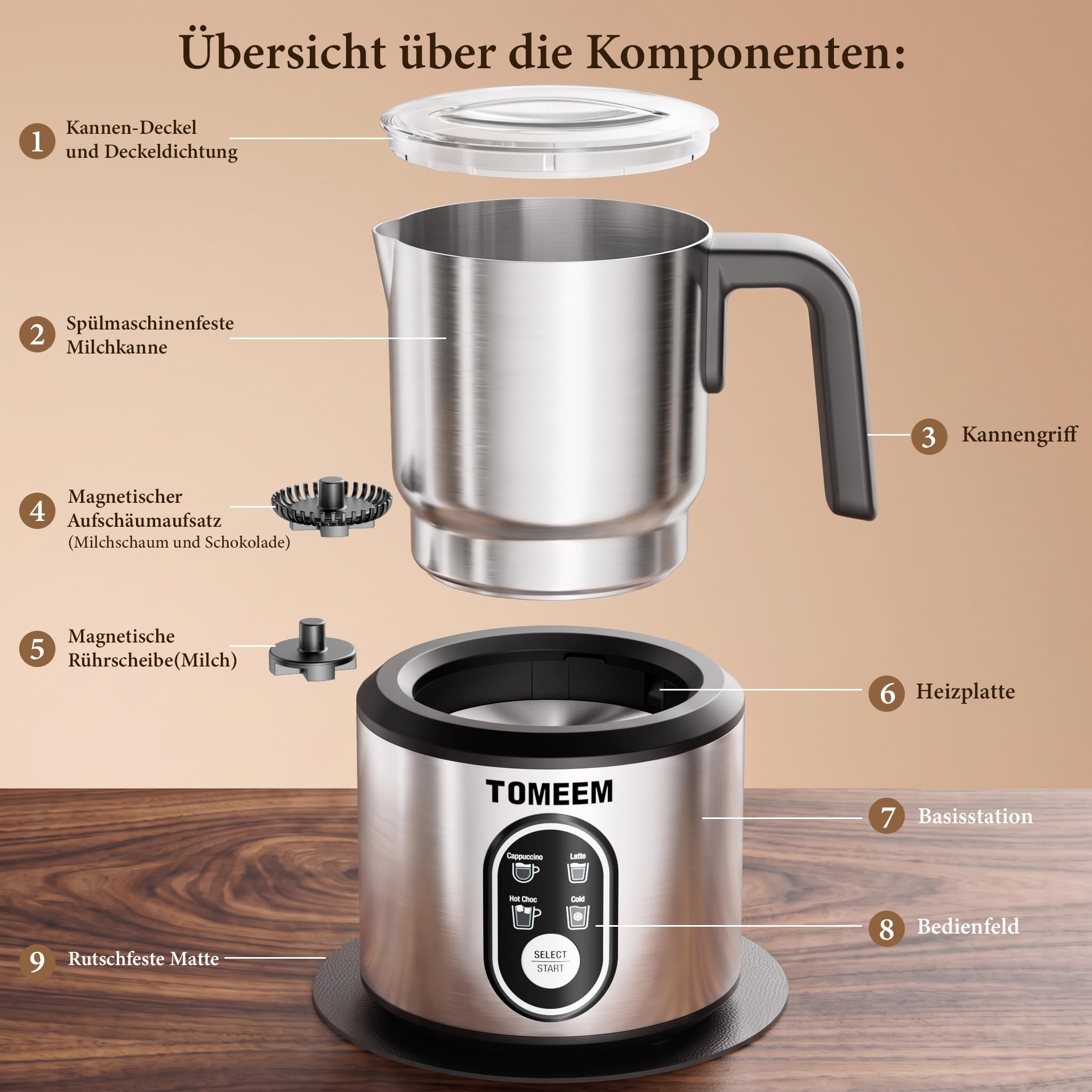 TOMEEM 4-in-1-Milchaufschäumer, geeignet für heißen und kalten Milchschaum