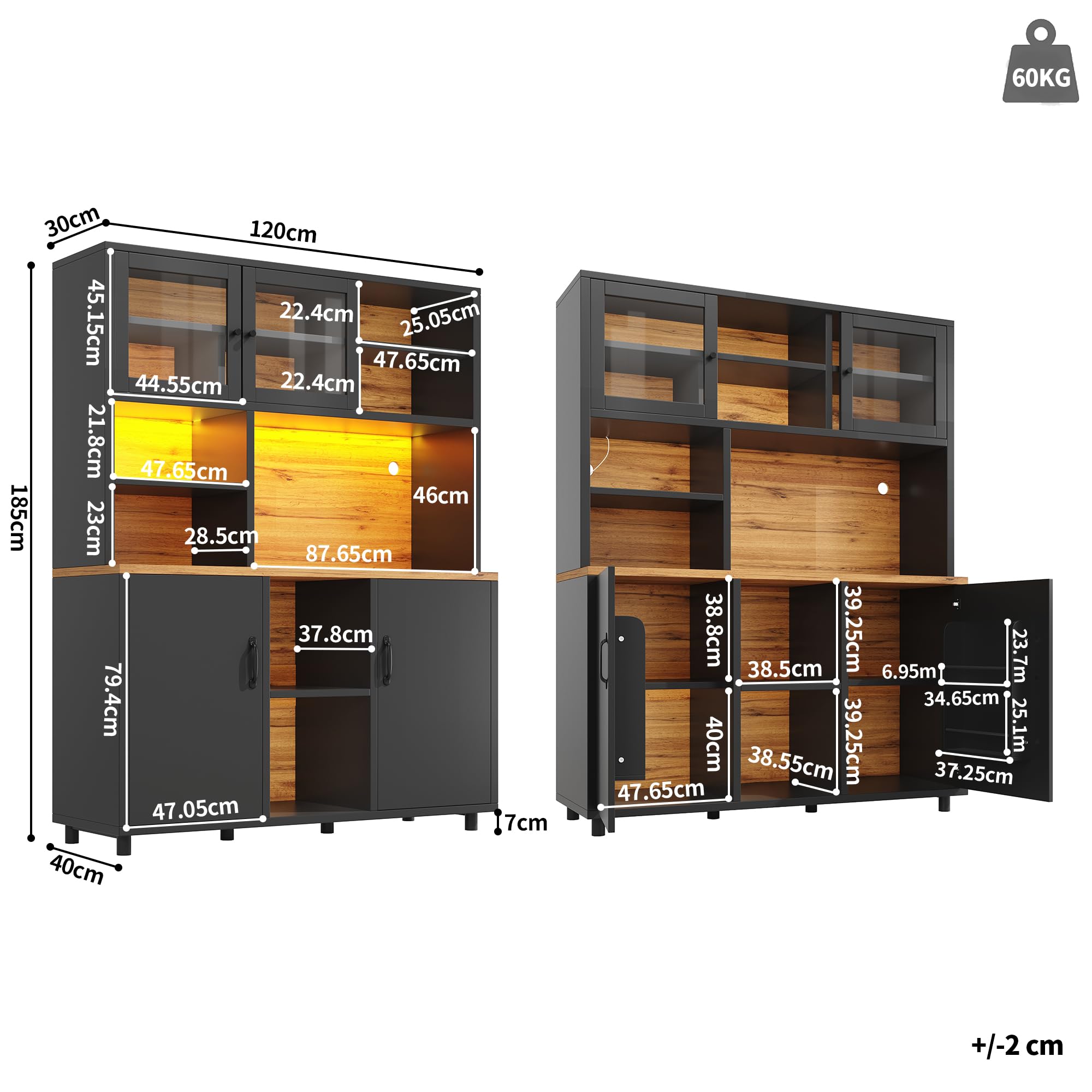 Modern Küchenschrank mit LED-Beleuchtung und USB-Anschluss, Hochschrank mit Verstellbare Einlegeböden und Verstellbare Füße, Buffetschrank mit Schiebetüren, Schwarz-A, 140x40x185 cm