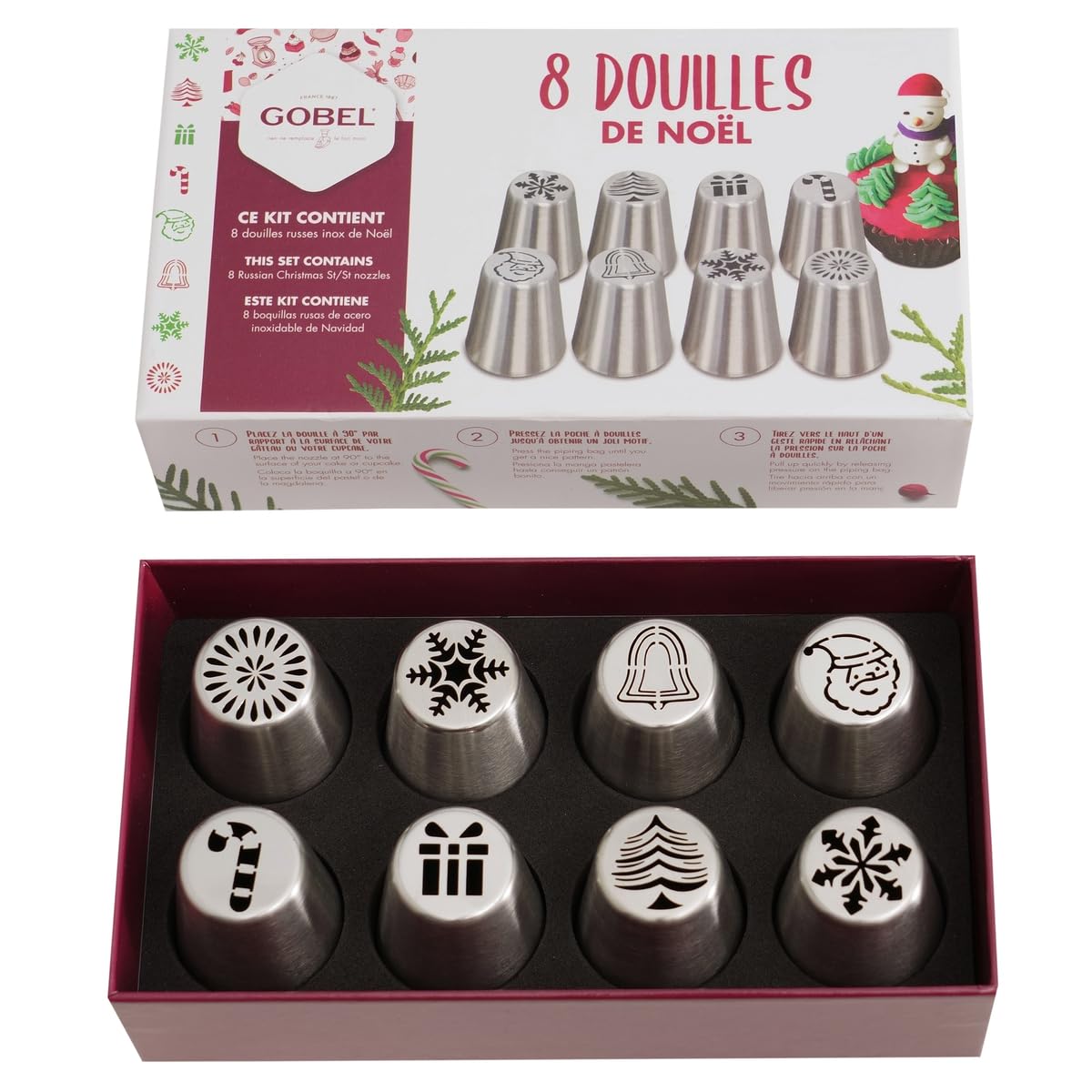 GOBEL - Set di 8 bocchette per pasticceria professionali speciali natalizie - Riutilizzabili all'infinito - In acciaio inox - Boccole per pasticceria di alta qualità